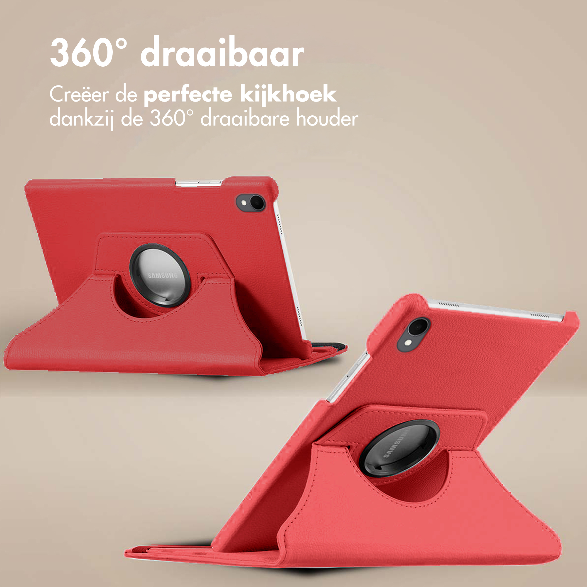 Deux étuis de tablette rouges avec logos Samsung, un ouvert et un fermé, sur fond marron clair, annonçant une rotation à 360 degrés.