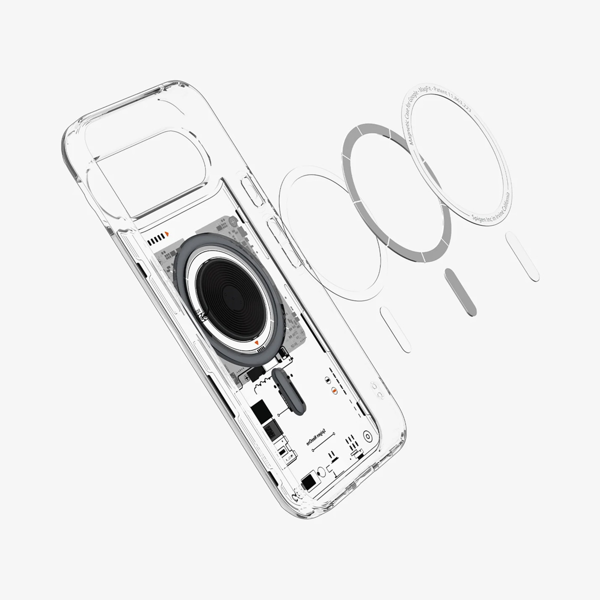 Een transparante telefoonhoes met zichtbare interne componenten. Magnetische ringen en grijze accenten zijn te zien. De hoes staat schuin.