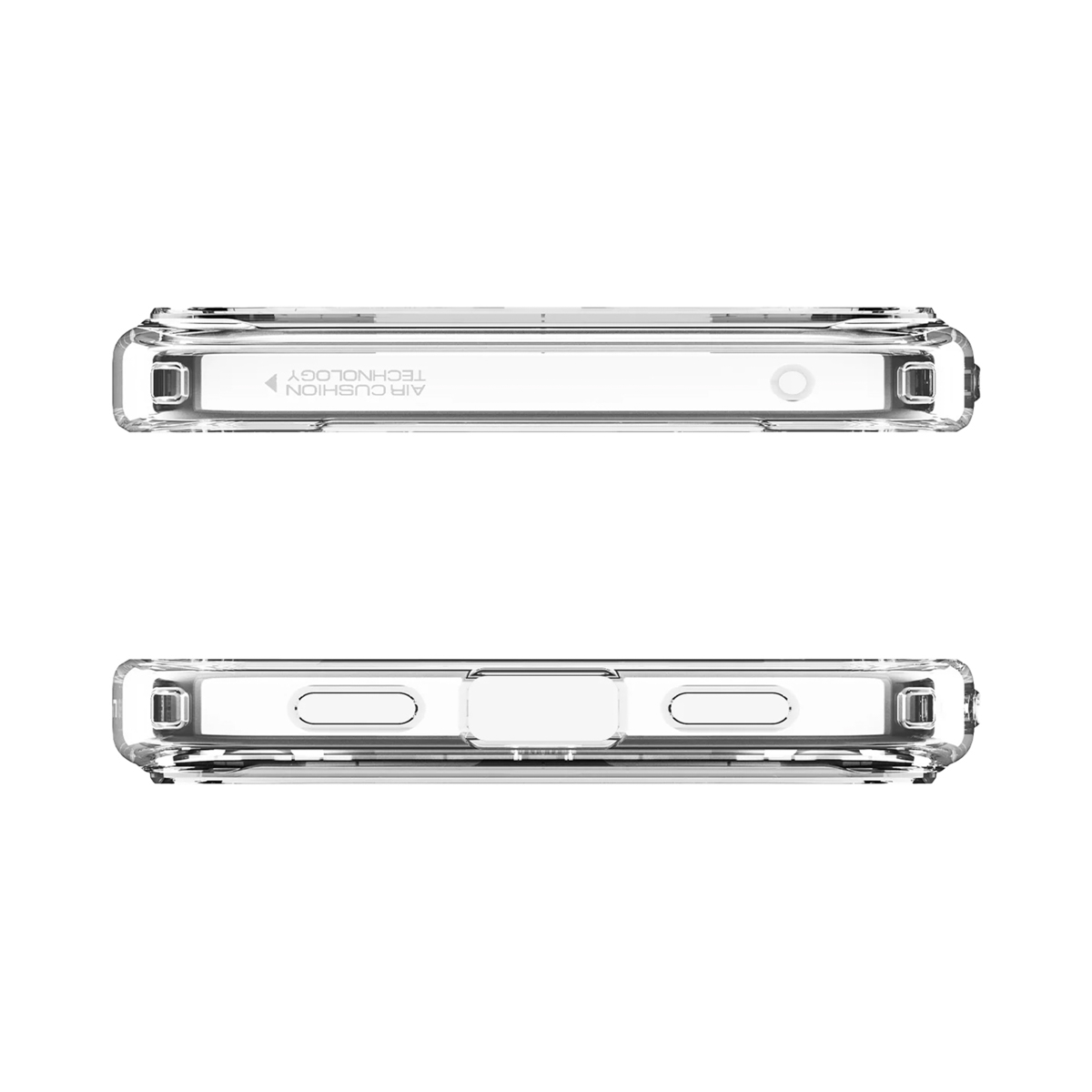 Twee transparante telefoonhoesjes, bovenaanzicht en onderaanzicht. Elk heeft uitsparingen voor knoppen en poorten.