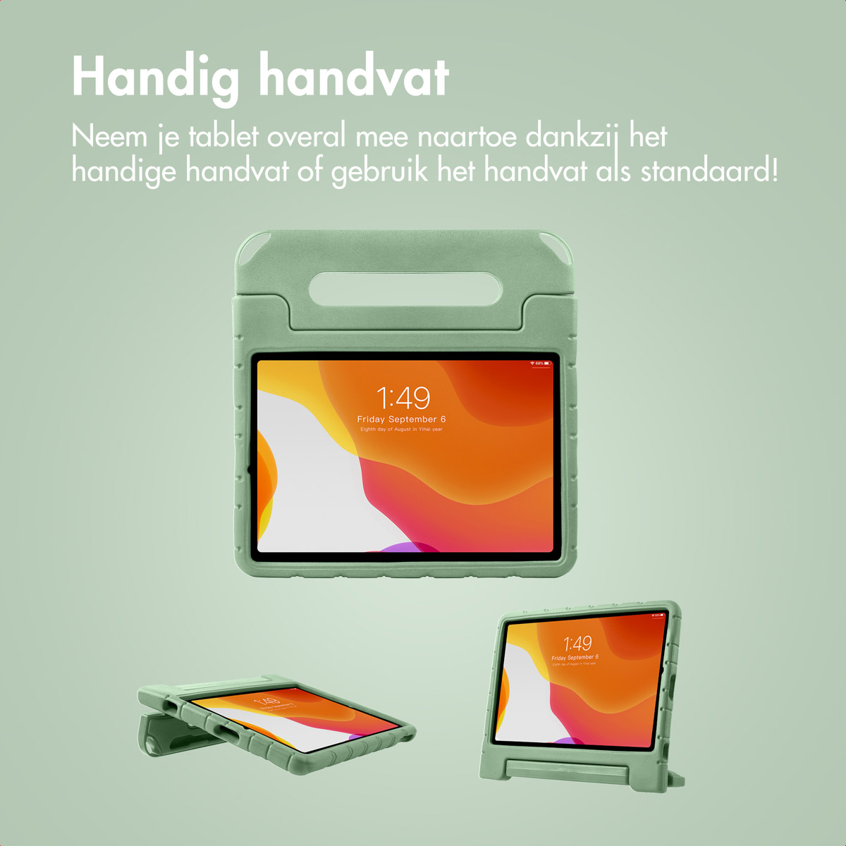 Afbeelding toont een tablet in een groene hoes, met de tijd 1:49 op het scherm. Er staan drie tablets in de afbeelding. Tekst is in het Nederlands.