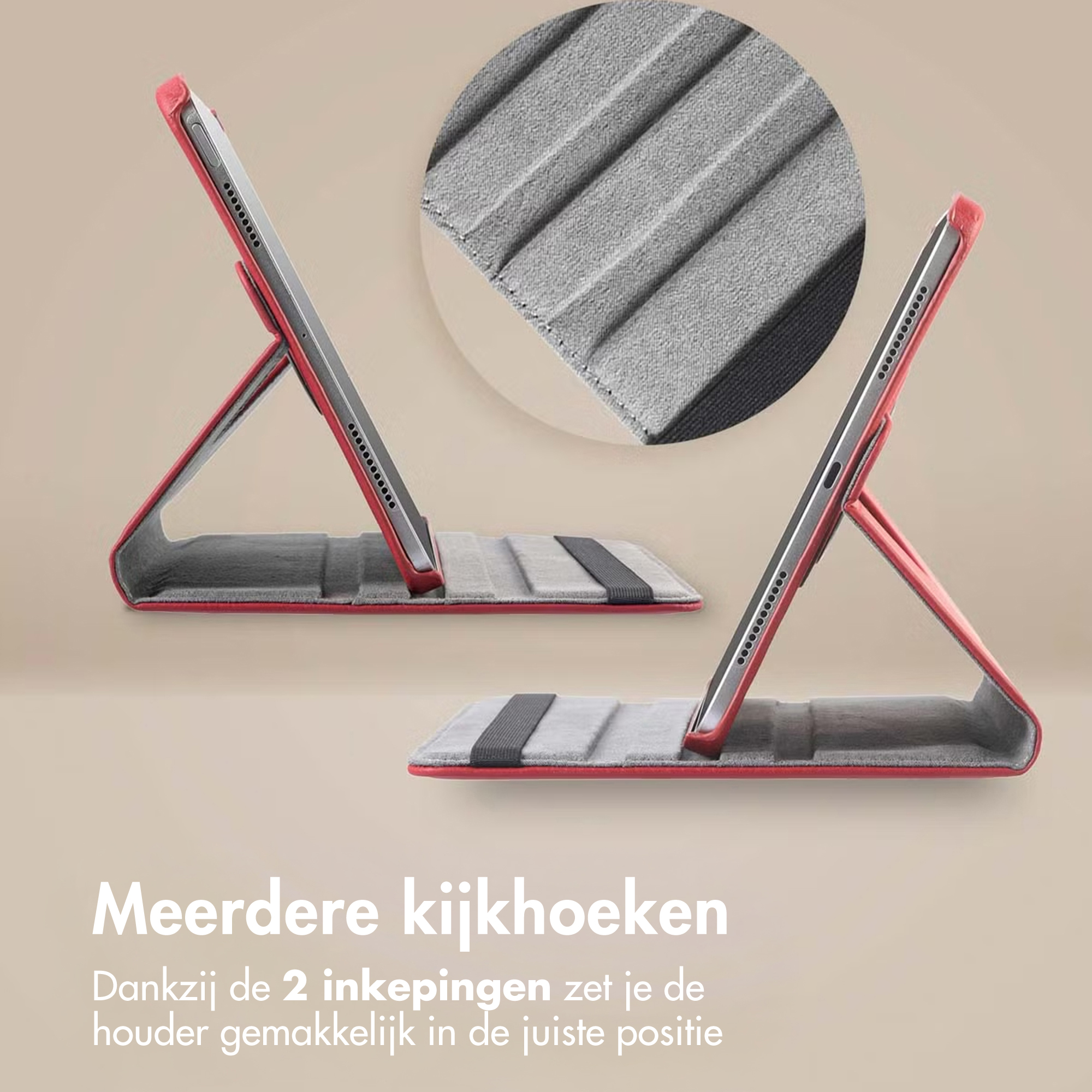 Deux étuis de tablette rouges avec des intérieurs gris sont présentés sous différents angles. Un gros plan circulaire montre la texture.