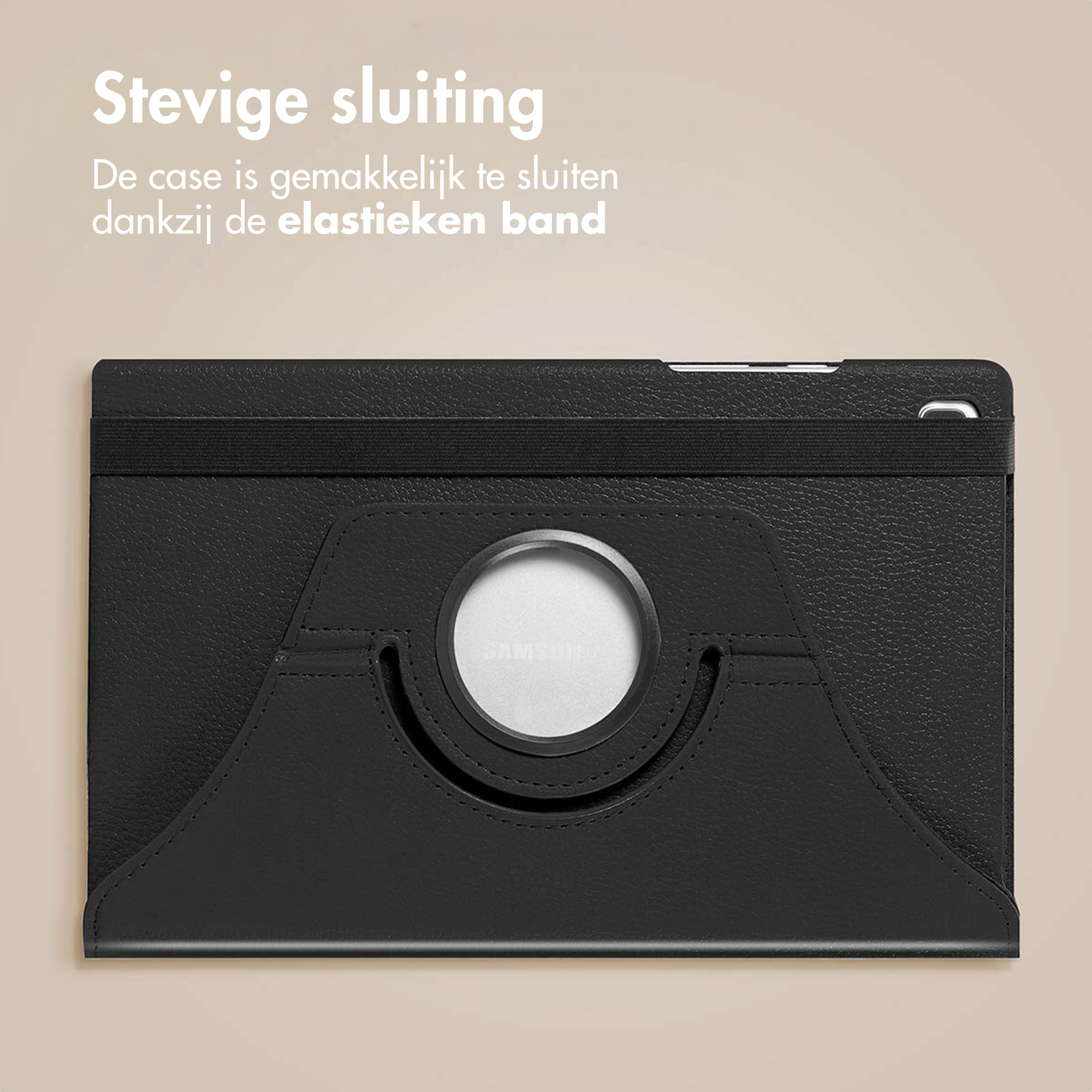 Black tablet case with elastic band closure. Text: 'Strong closure'. Background: beige.