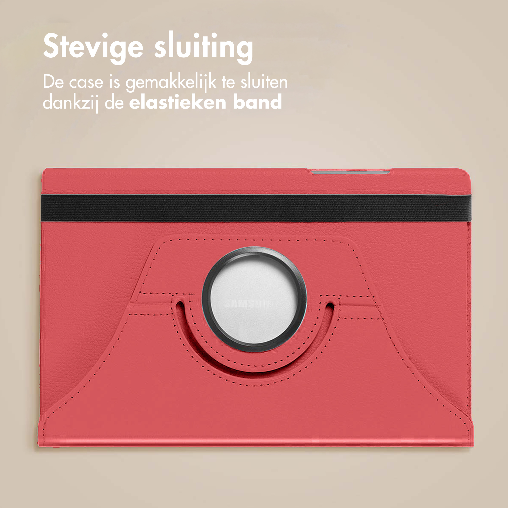 Étui de tablette rouge avec sangle noire. Logo argenté Samsung devant. Texte en haut : Stevige sluiting.