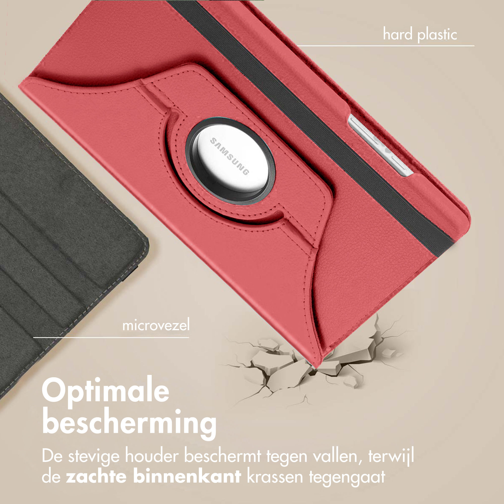 Étui de tablette rouge avec logo Samsung. Comporte une bande noire et une couche interne douce. L'image montre une protection contre les chutes.