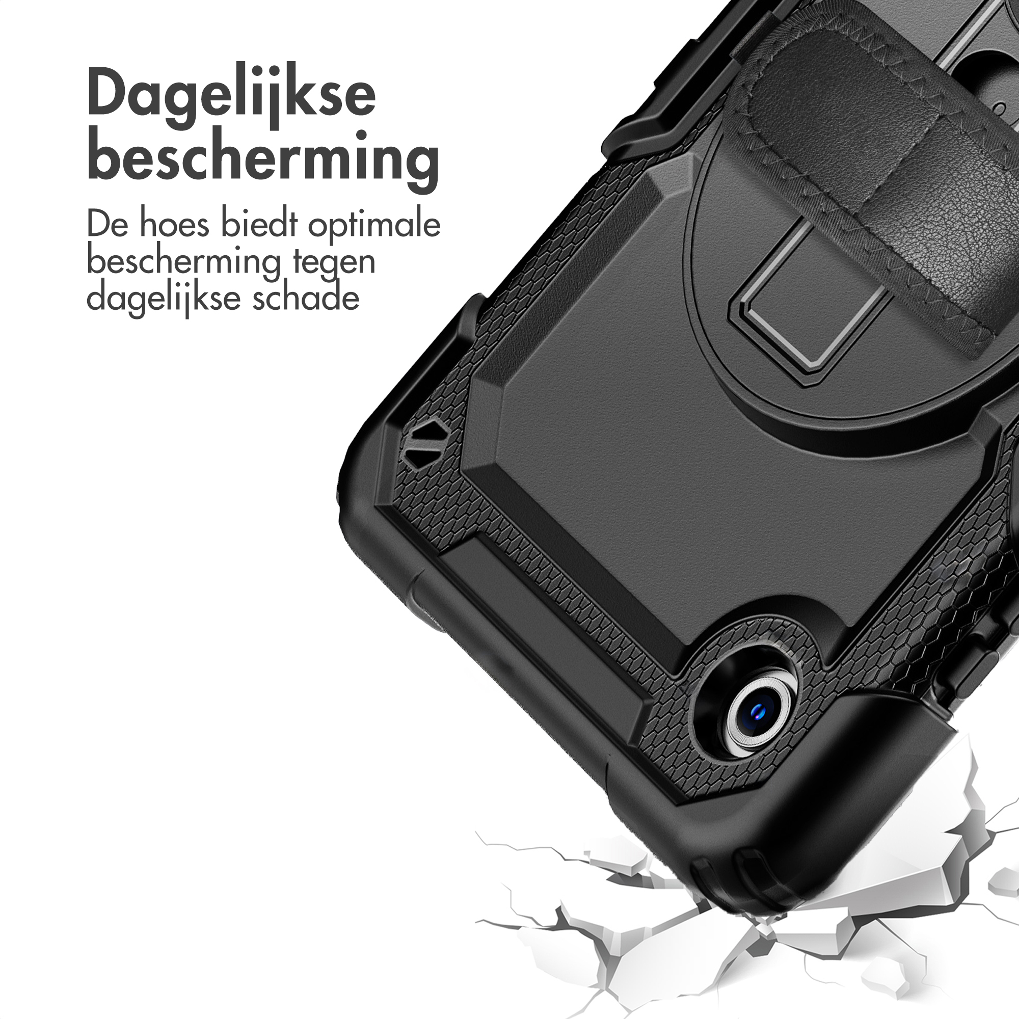 Zwarte telefoonhoes iets naar rechts gekanteld, met een gebarsten wit oppervlak eronder. Tekst linksboven.