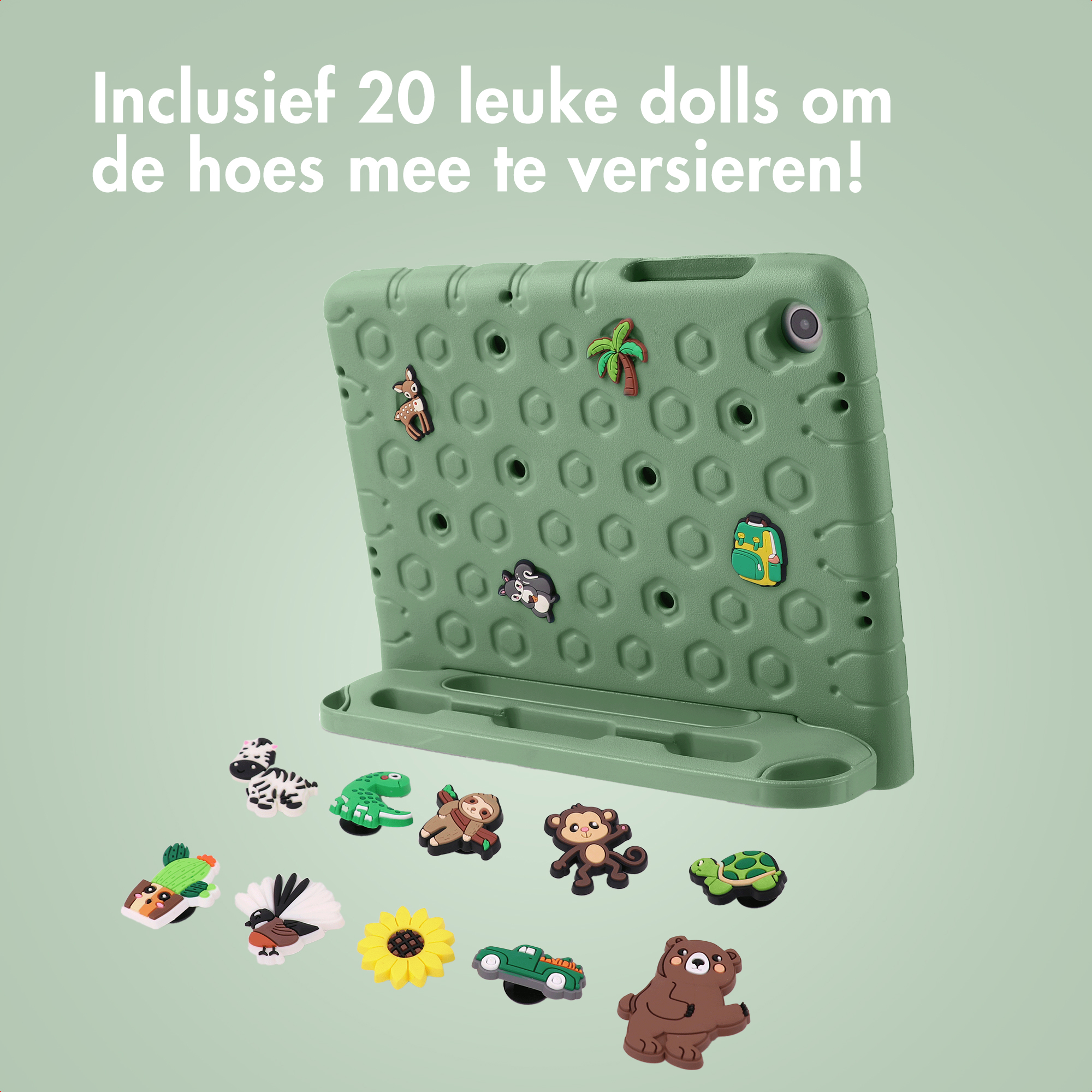Groene tablethoes met dierlijke versieringen. Bevat zebra, schildpad, aap, beer en andere bedels.