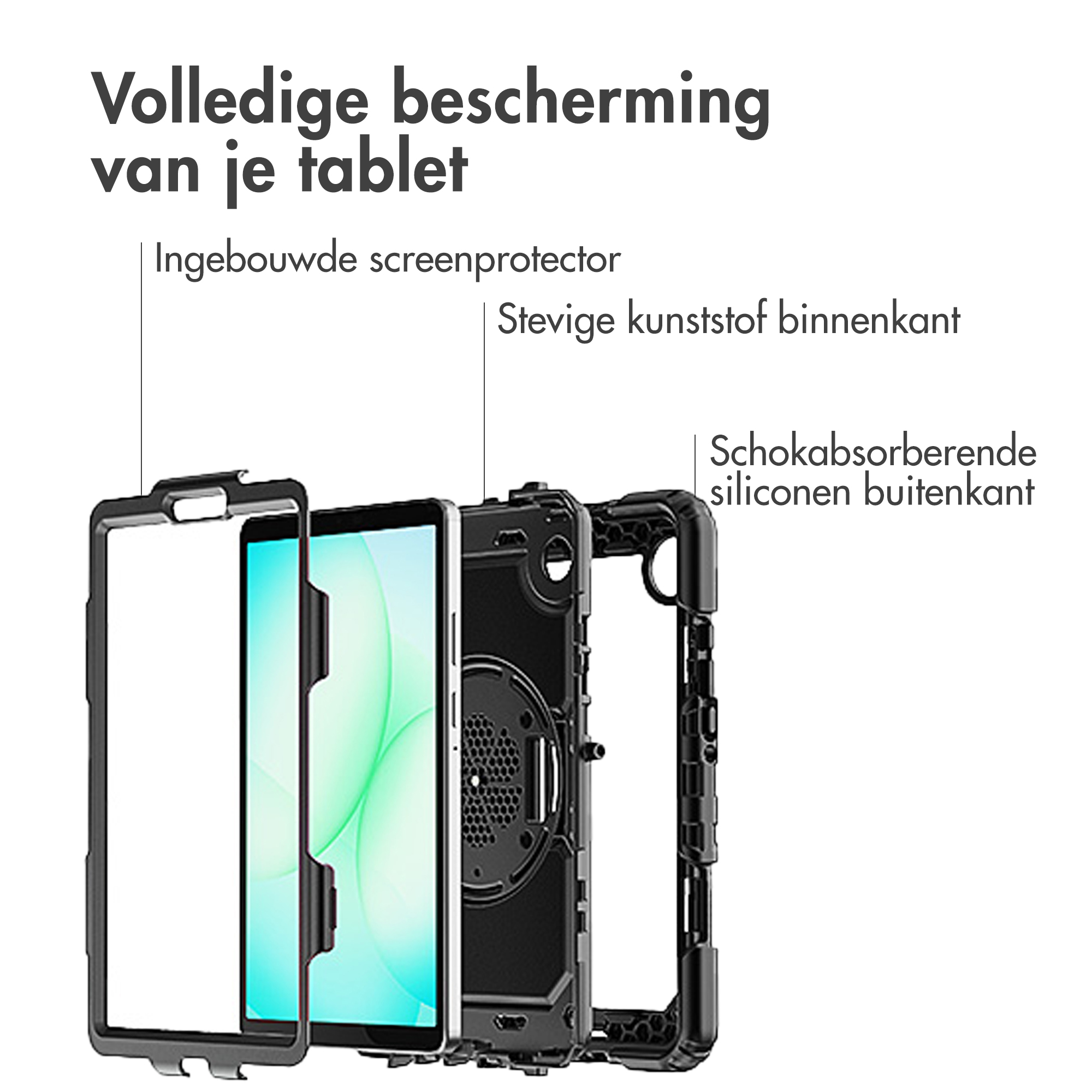Tablethoes met lagen: schermbeschermer, plastic binnenkant en siliconen buitenkant. Tekst: Complete bescherming voor je tablet.