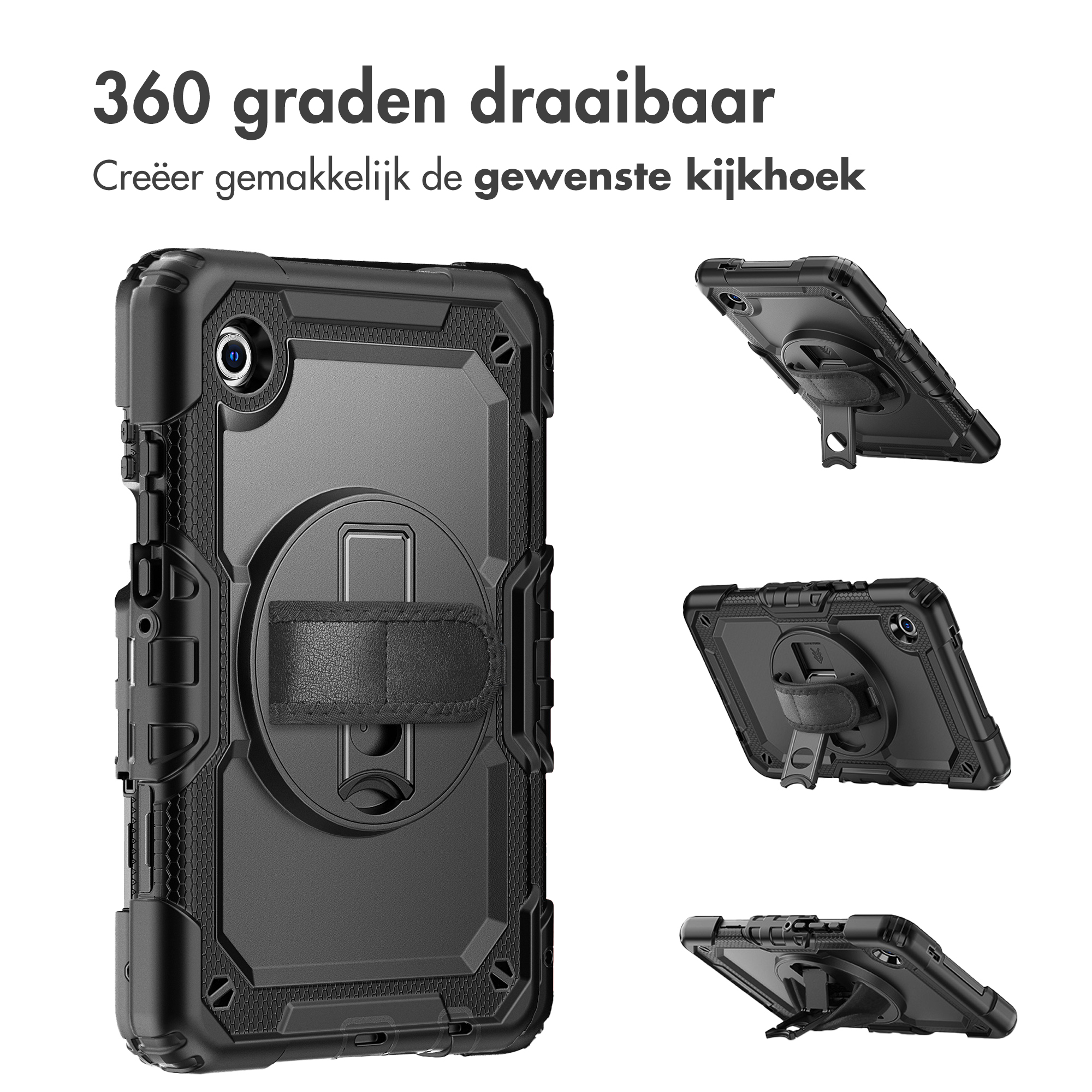 Zwarte tablethoes met handriem. Meerdere weergaven tonen de draaifunctie. Tekst: 360 graden draaibaar.