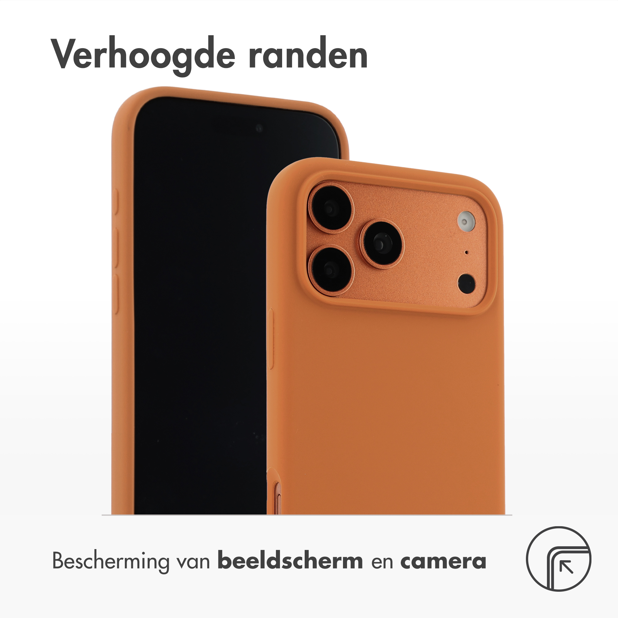 Twee oranje telefoonhoesjes, één met een telefoon erin. Tekst: Bescherming van het scherm en de camera. Witte achtergrond.
