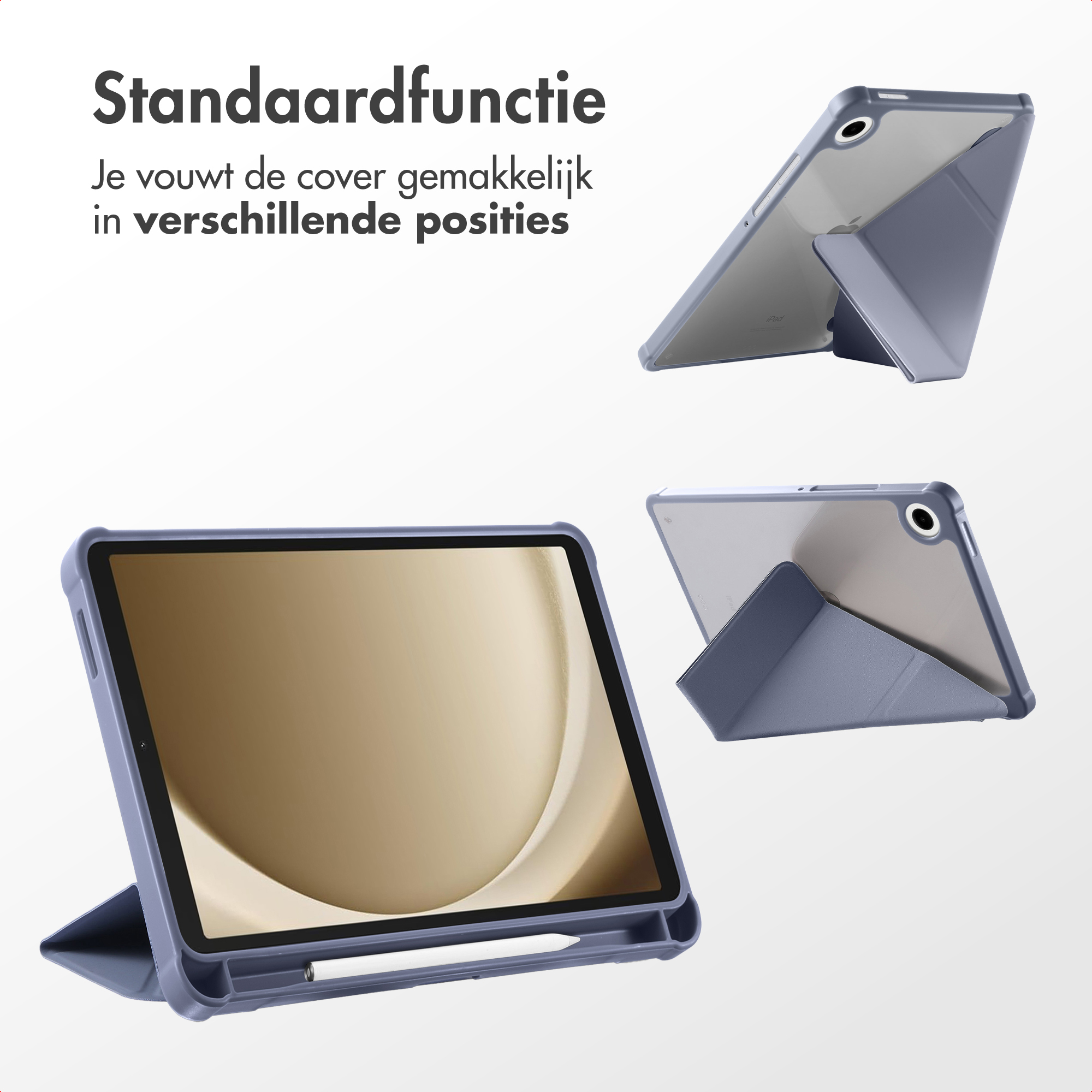 An iPad in a blue case is shown in multiple positions. A stylus is in the case. Text says 'Standard function'.