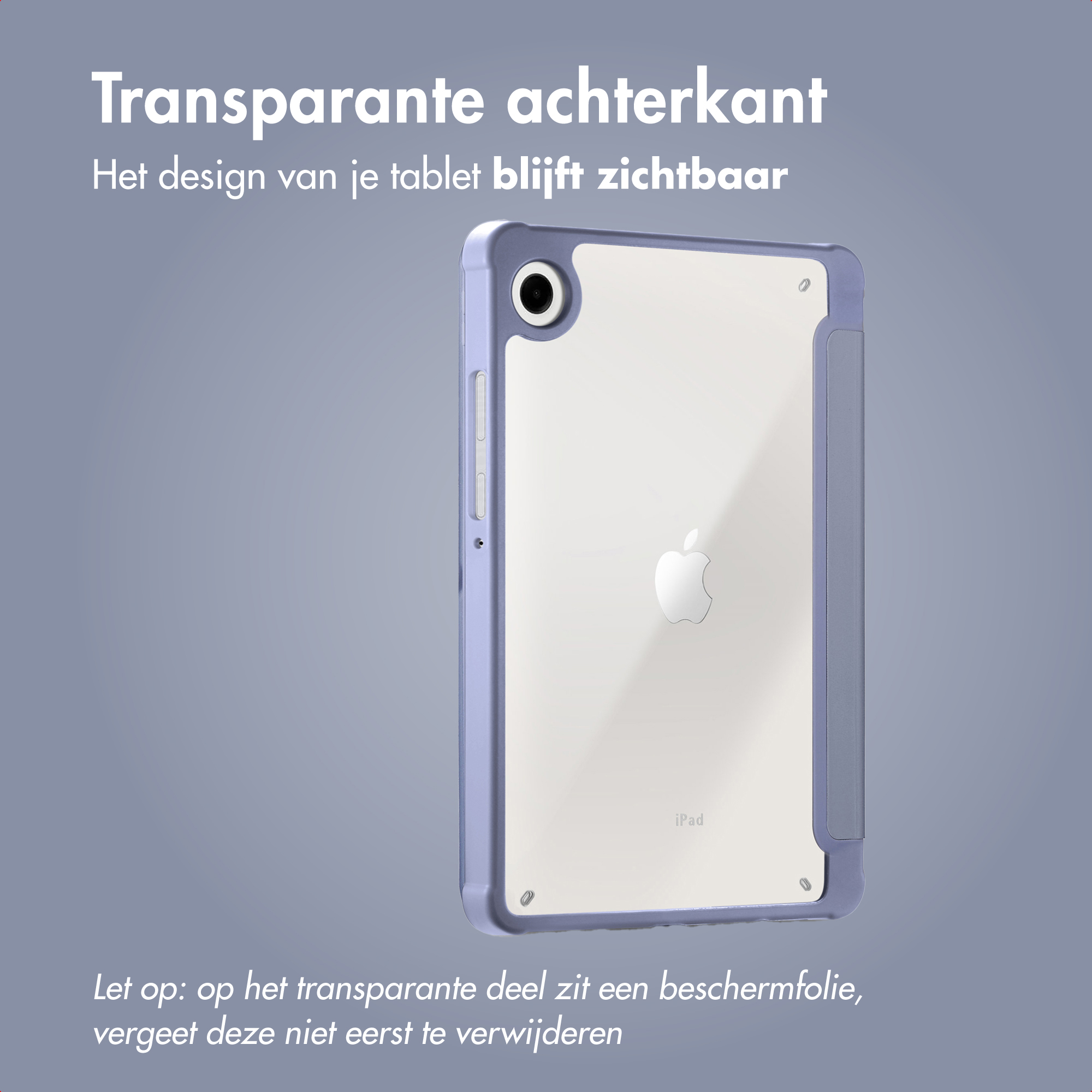 An iPad in a clear case. The case has a purple border. Apple logo is visible. Text in Dutch.