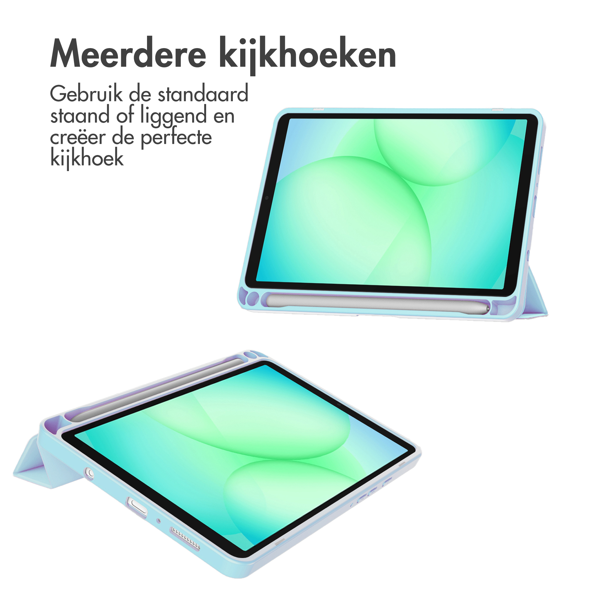 Twee tablets in lichtblauwe hoesjes, één rechtop, één plat, beide met groene gradiëntschermen, op witte achtergrond.