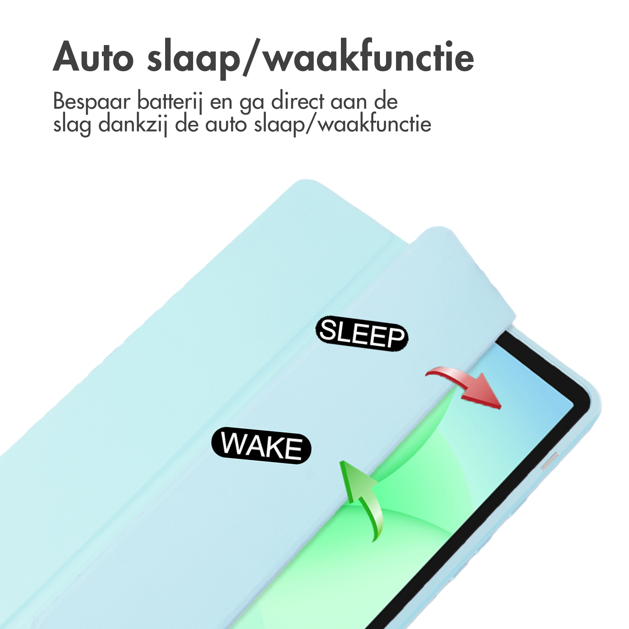 Een tablethoes met labels 'SLEEP' en 'WAKE'. De hoes is lichtblauw en pijlen geven acties aan.