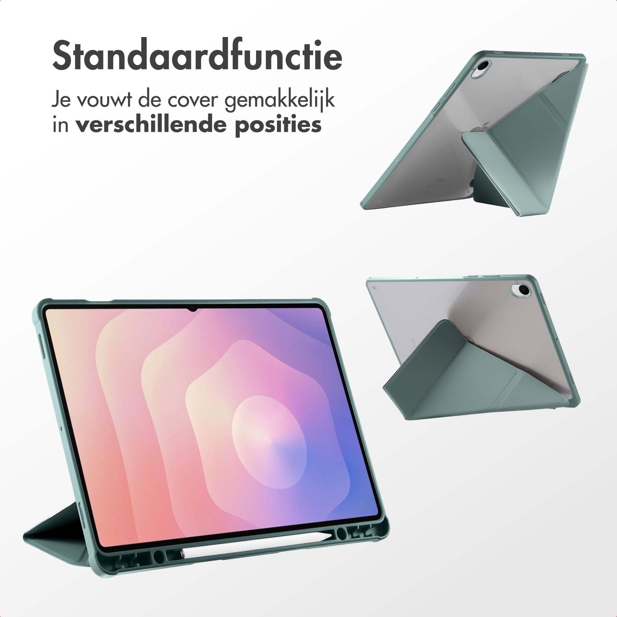 A tablet in a teal cover is displayed in multiple positions. Text says, "Standard function. You easily fold the cover in different positions."
