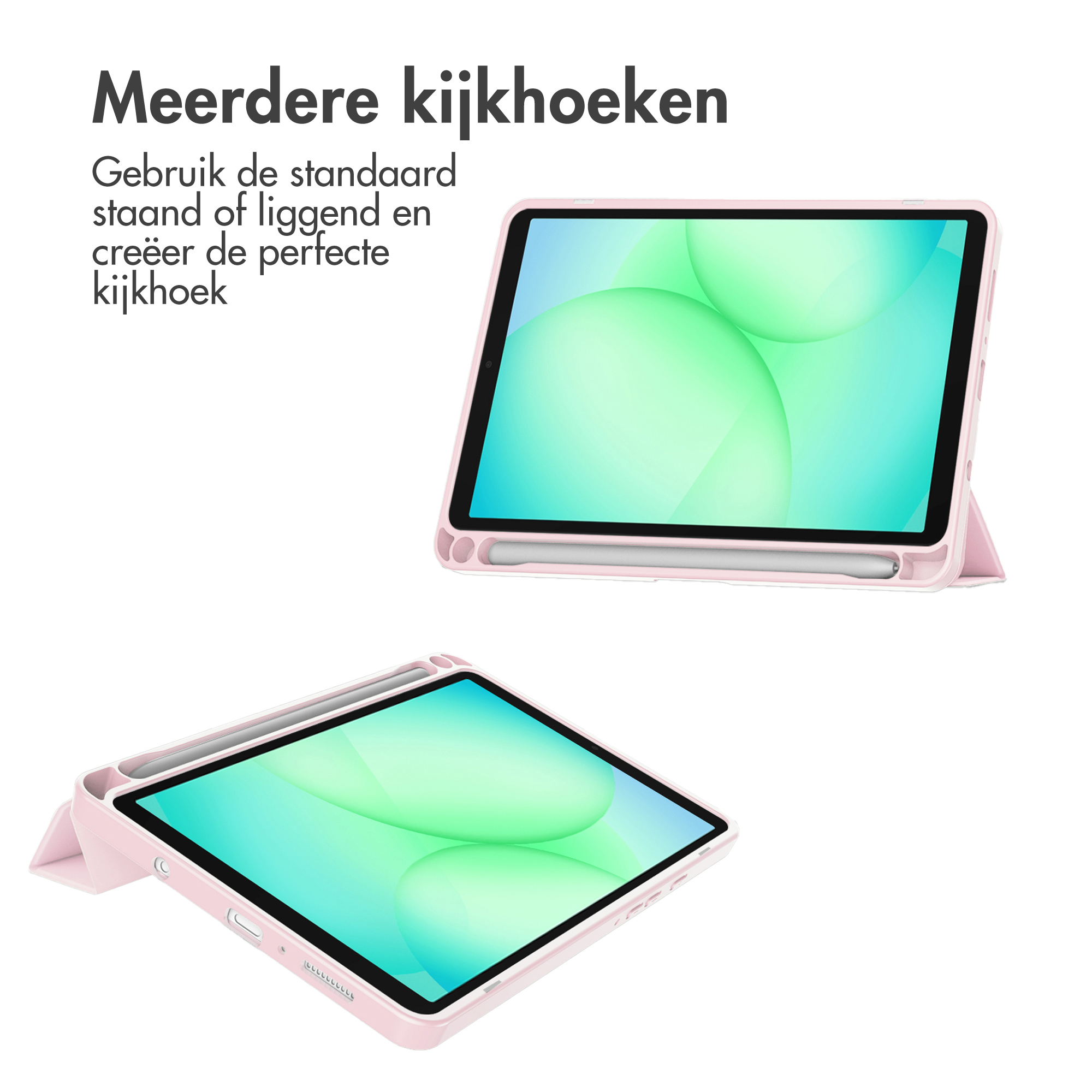 Twee roze tablethoezen met tablets erin. Nederlandse tekst. Witte achtergrond.