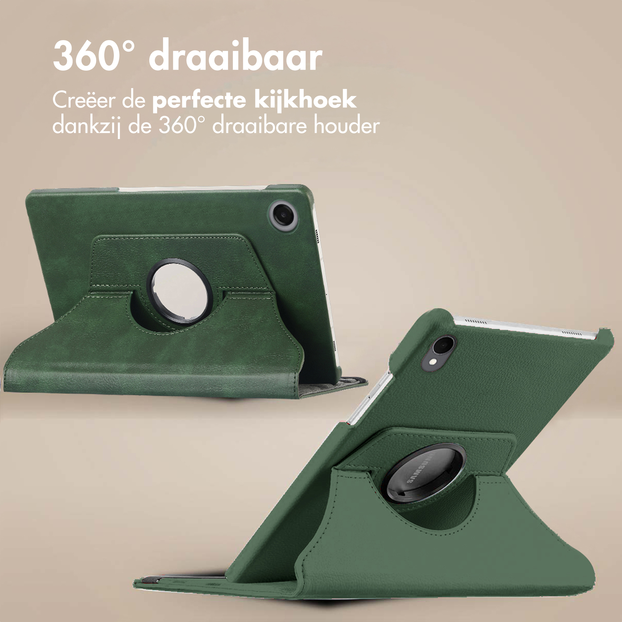 Green tablet case with a 360-degree rotating stand. The case has the Samsung logo, with text in Dutch about the product.