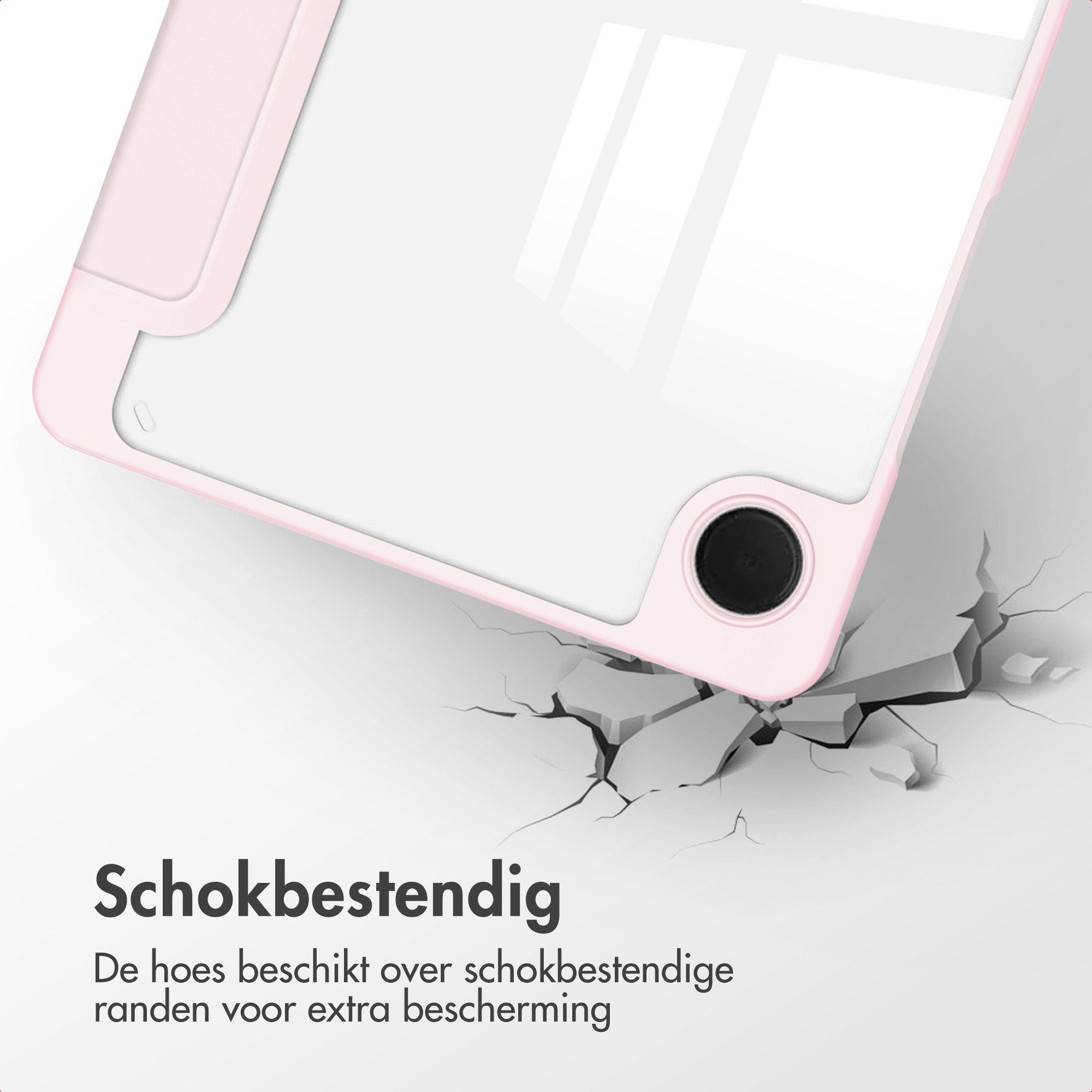 Een roze telefoonhoes lijkt de grond te breken. De tekst zegt dat het schokbestendig is en beschermende randen heeft.