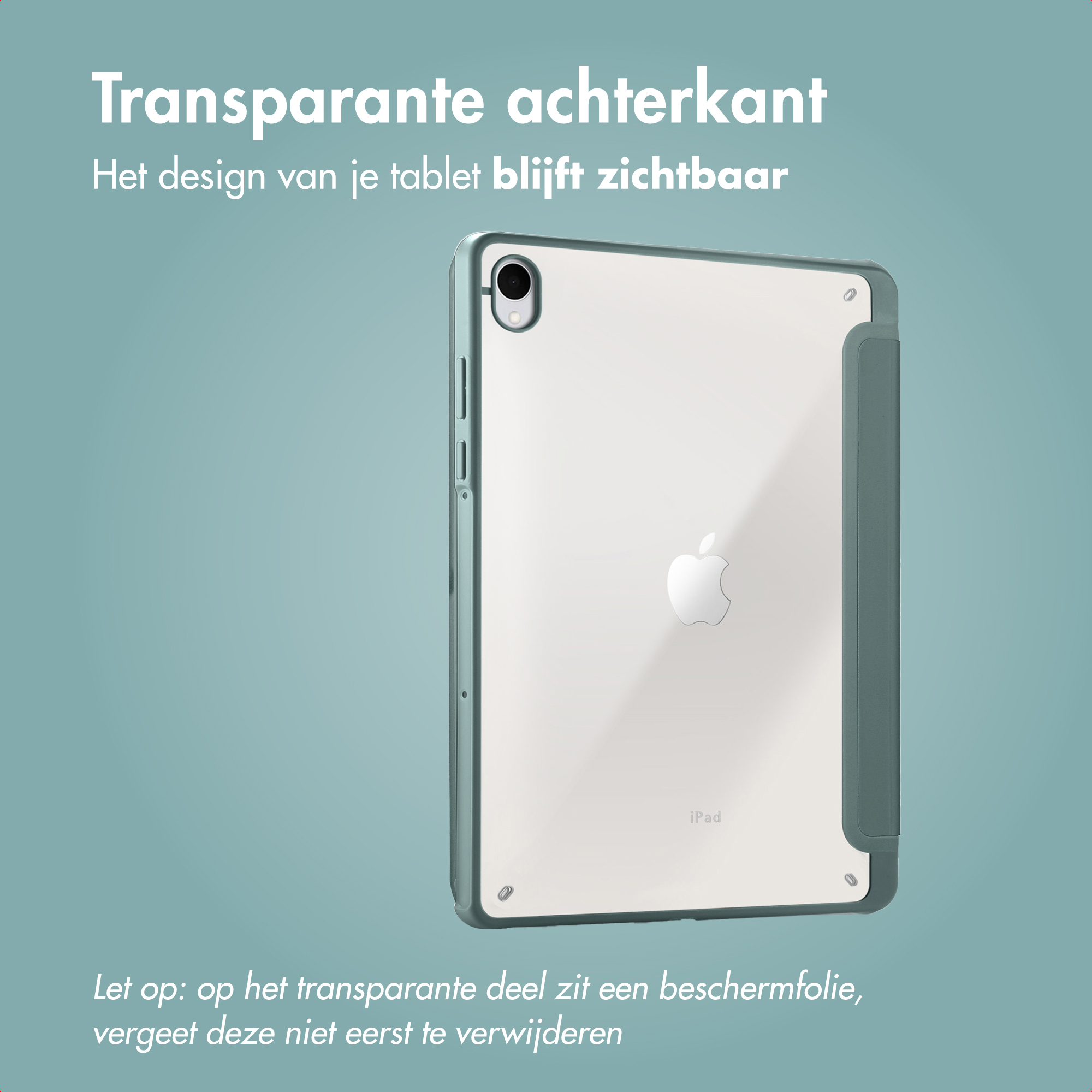 An iPad in a clear case. The case has a green frame. Text says 'Transparent back' and 'iPad'.