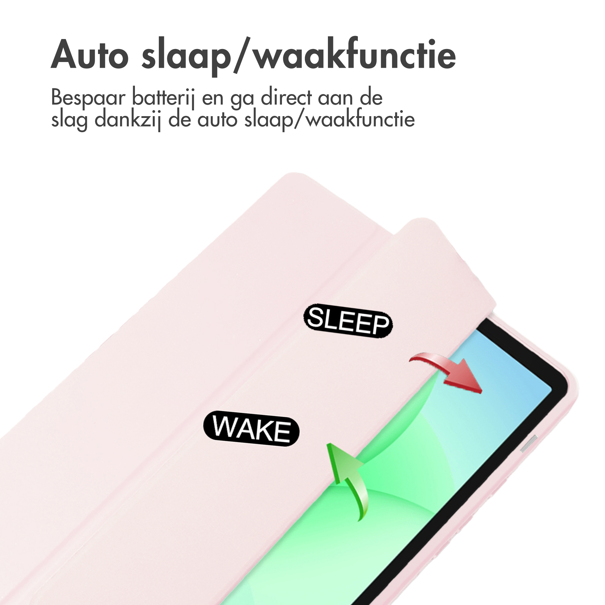 Roze tablethoes met sleep/wake functie. Pijlen geven schermactivering aan. Tekst in het Nederlands.
