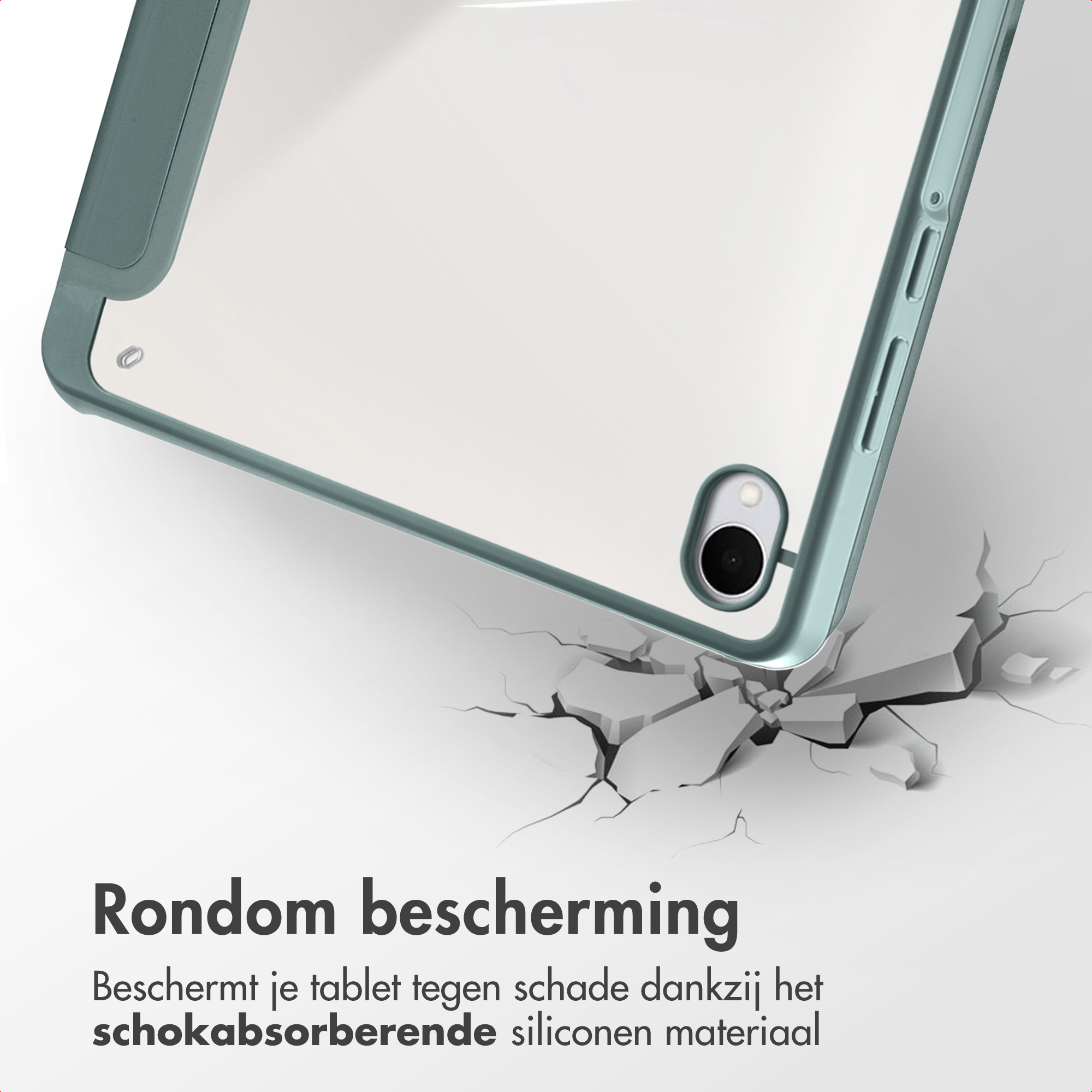 A tablet case, green frame, clear center. The image shows the case with cracks underneath, text at the bottom.