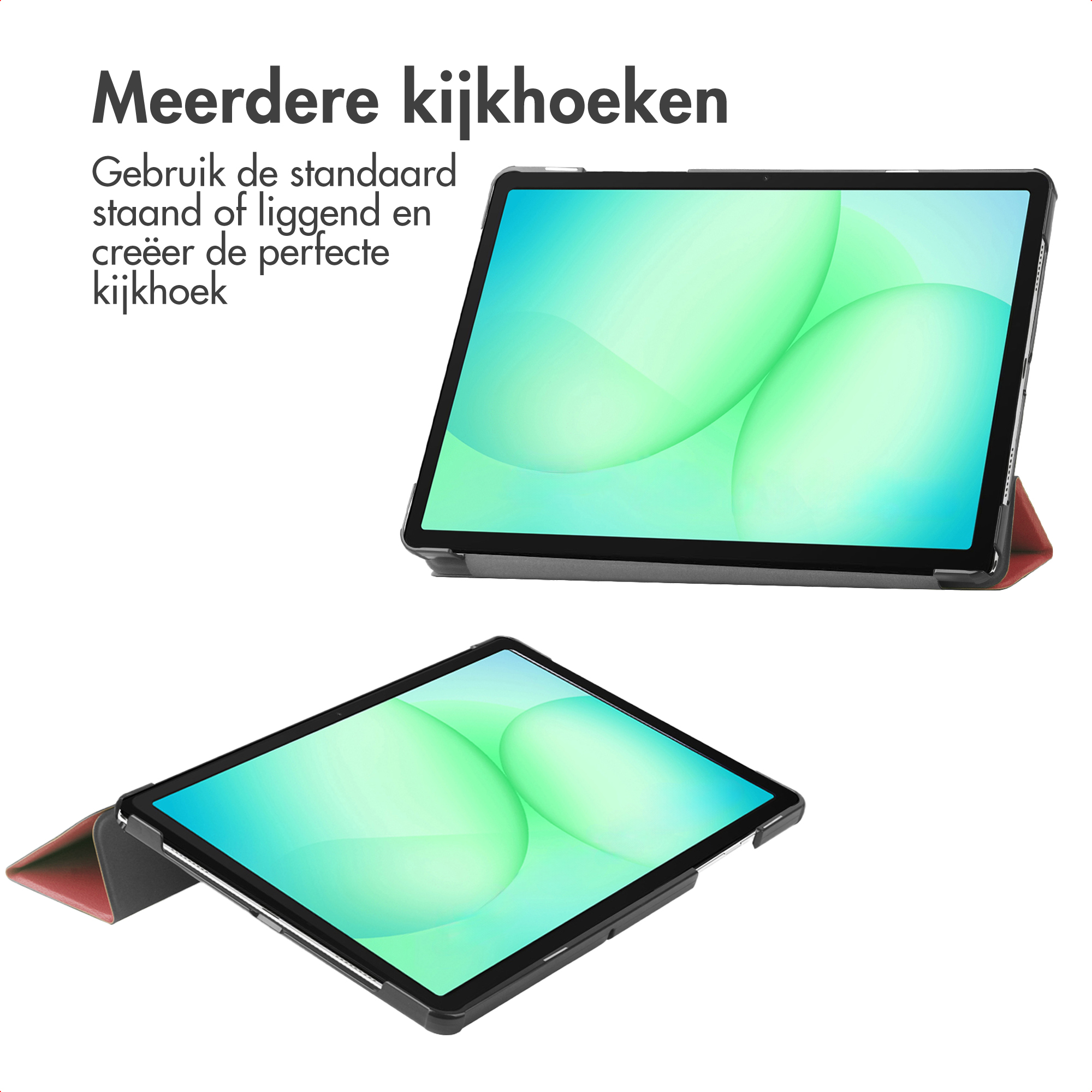 Twee tablets op wit. Eén open, schuin. Het scherm toont groene en blauwe verlopen. Tekst bovenaan in het Nederlands.