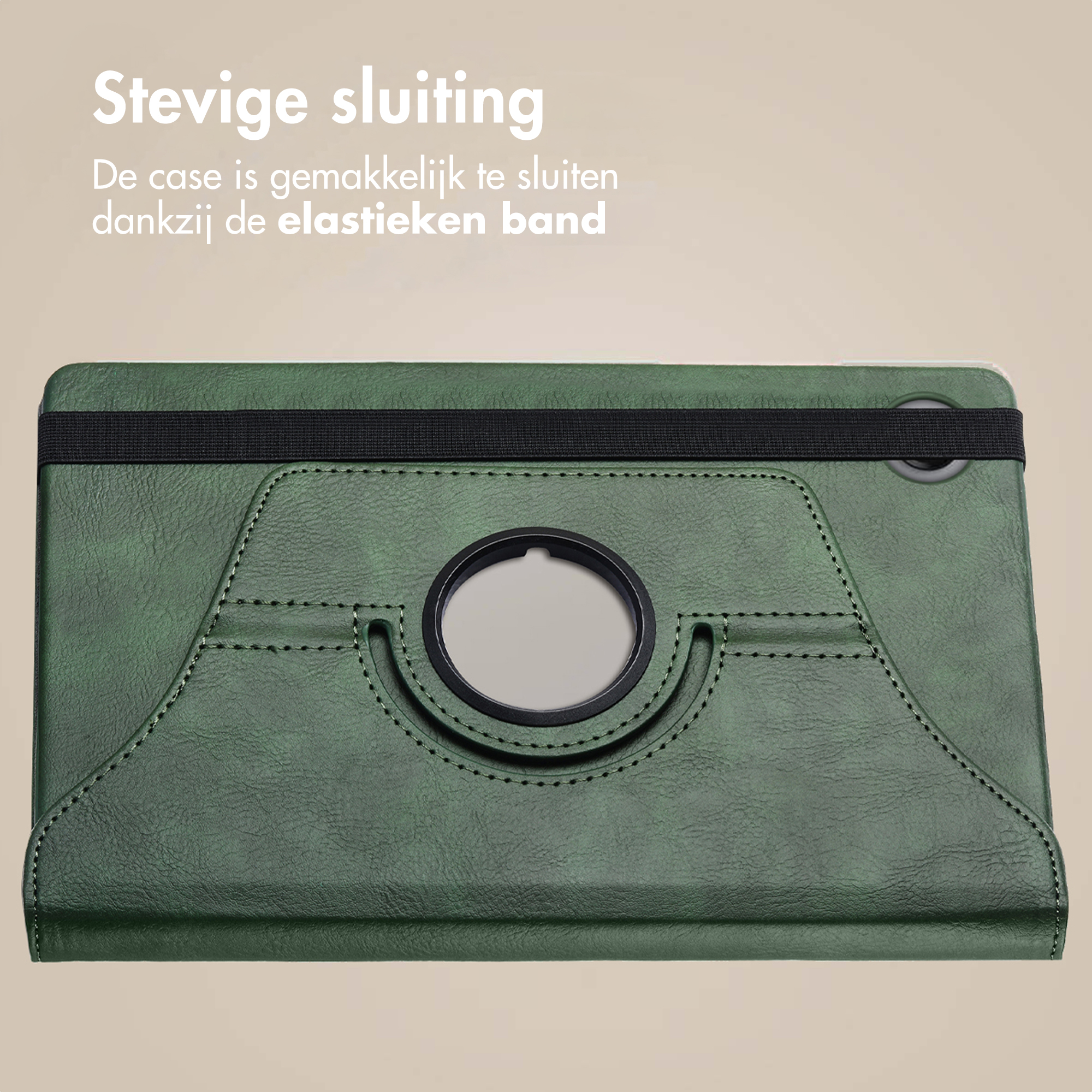 Green tablet case with black elastic band. It has a circular cutout for rotation and stitching detail.
