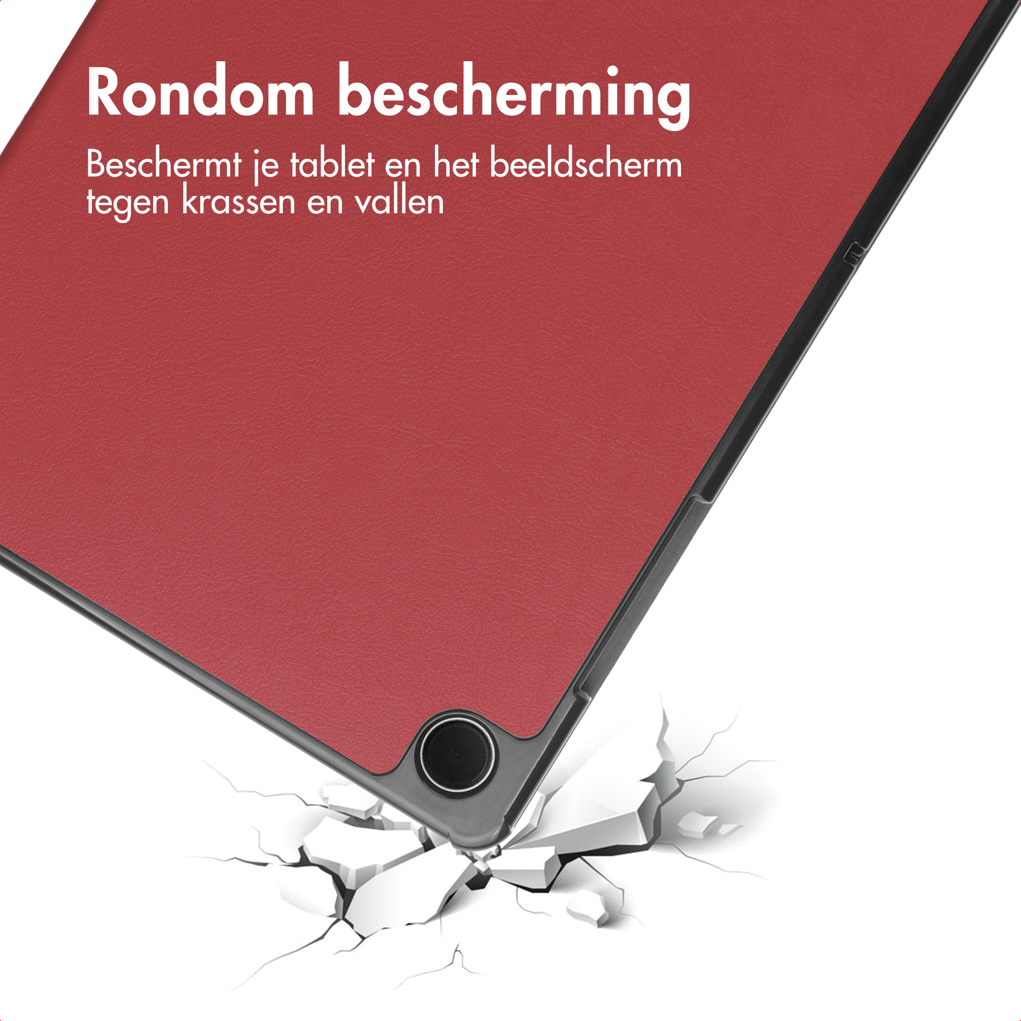 Rode tabletcover met zwart frame, die een wit oppervlak breekt. Tekst: bescherming tegen krassen en vallen.