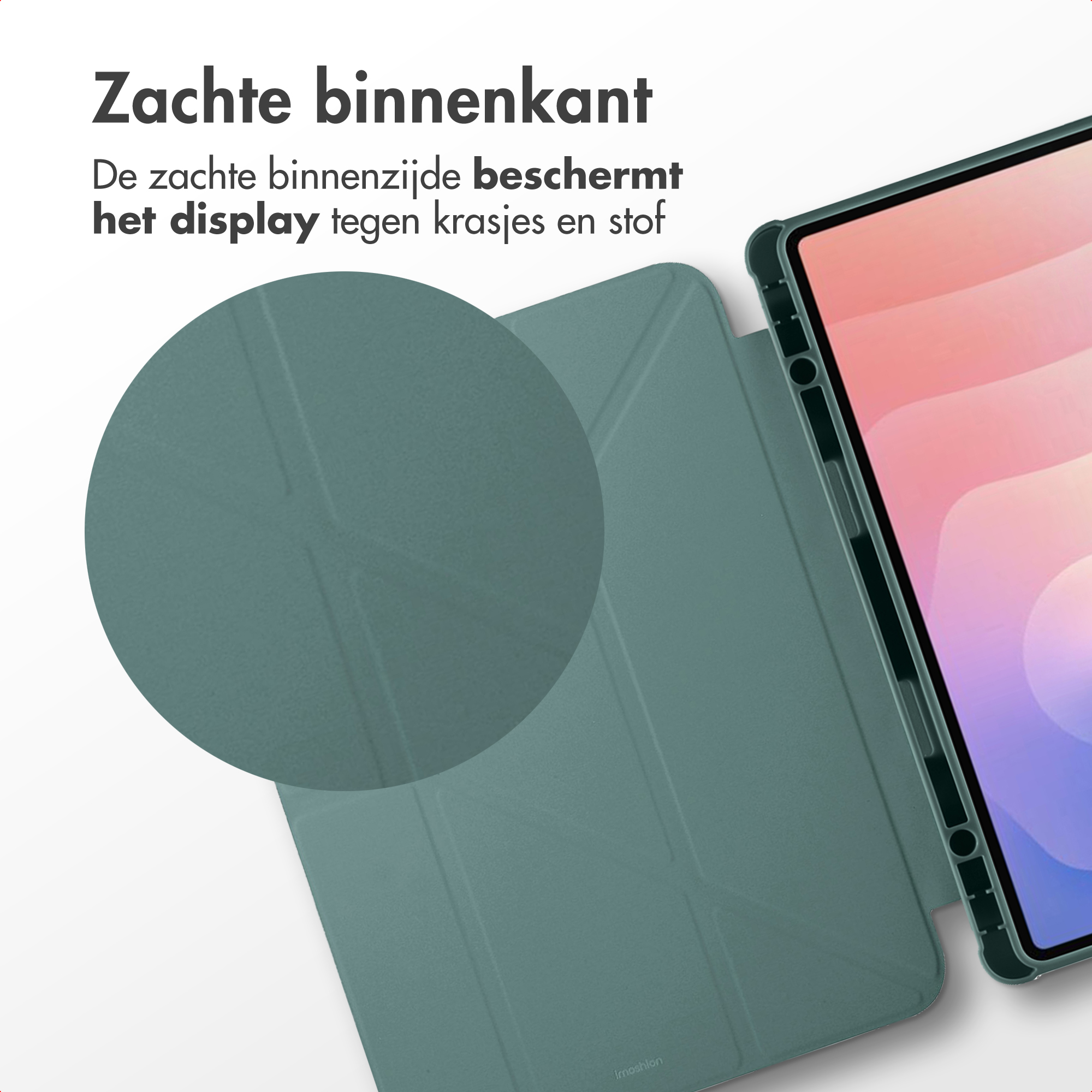 Green tablet case with a soft interior. A close-up shows the texture. Text in Dutch. A tablet is visible.