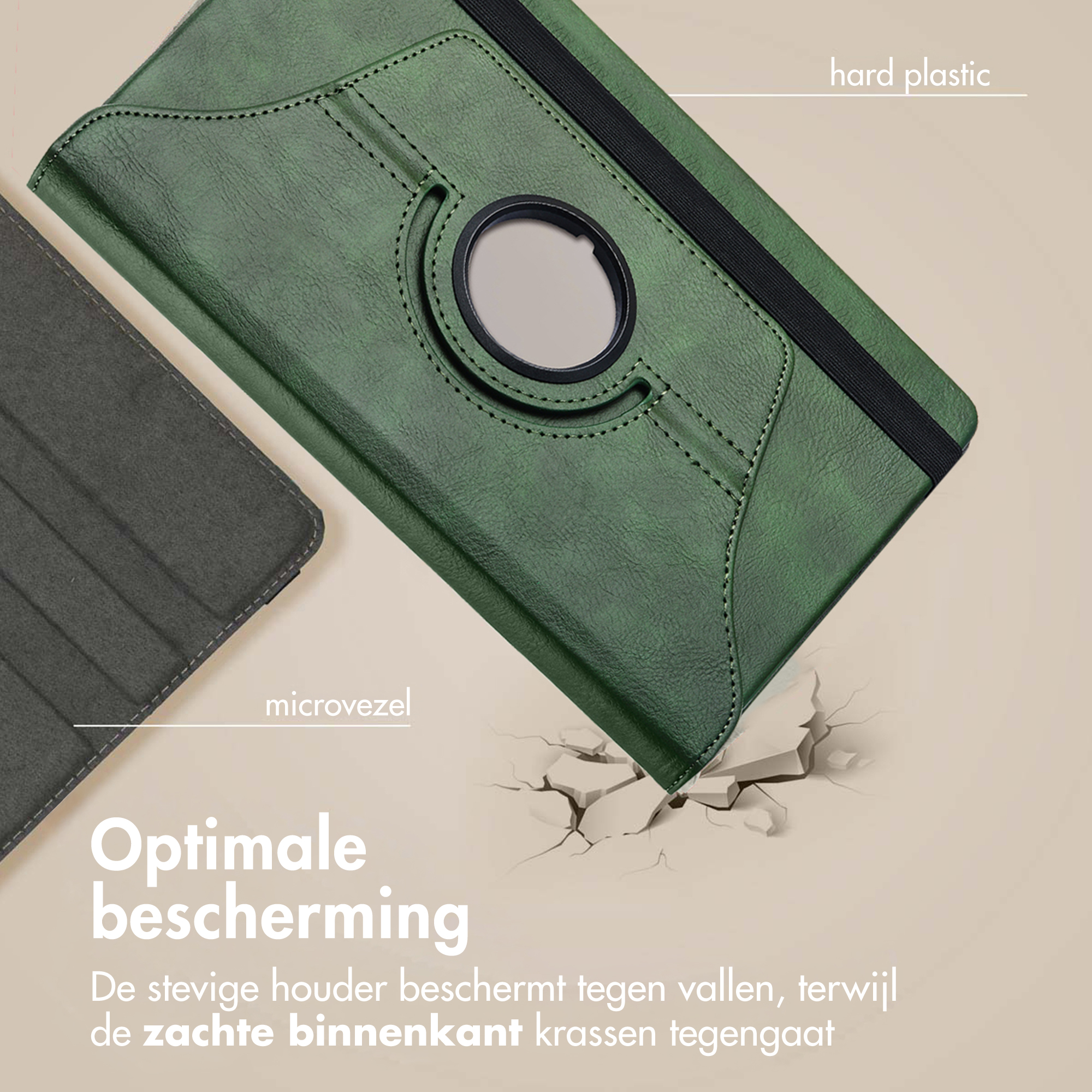 Green tablet case with a black elastic band and a circular opening. Shows 'hard plastic' and 'microfiber' labels.