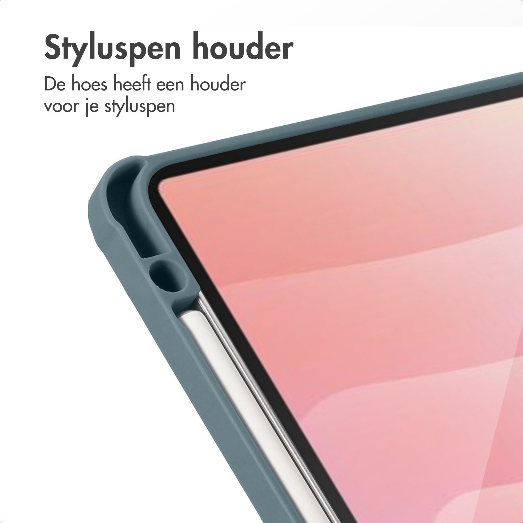Close-up of a tablet case with a stylus holder. The screen is pink. A stylus is in place. Text at the top.