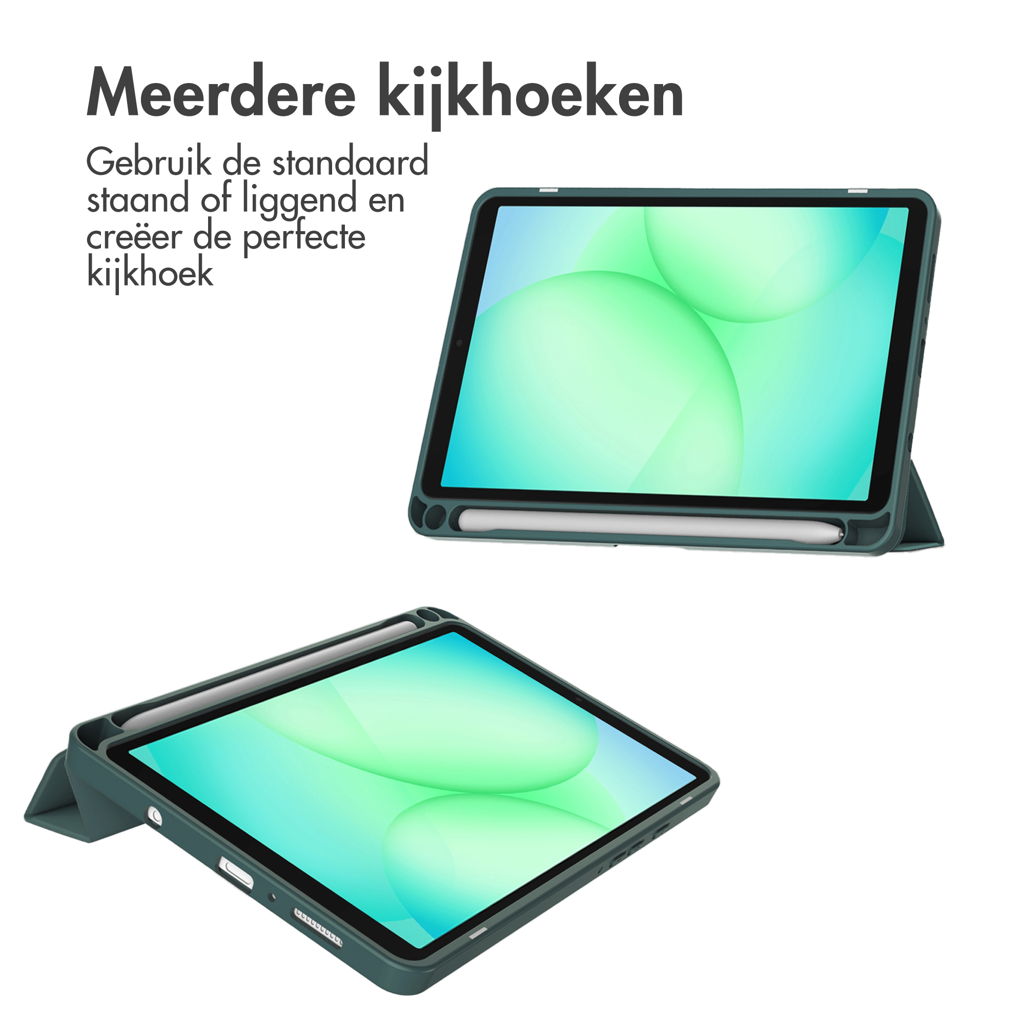 Twee tablets in hoesjes. De bovenste is schuin, de onderste plat. Beide hebben groene schermen en styluspennen.
