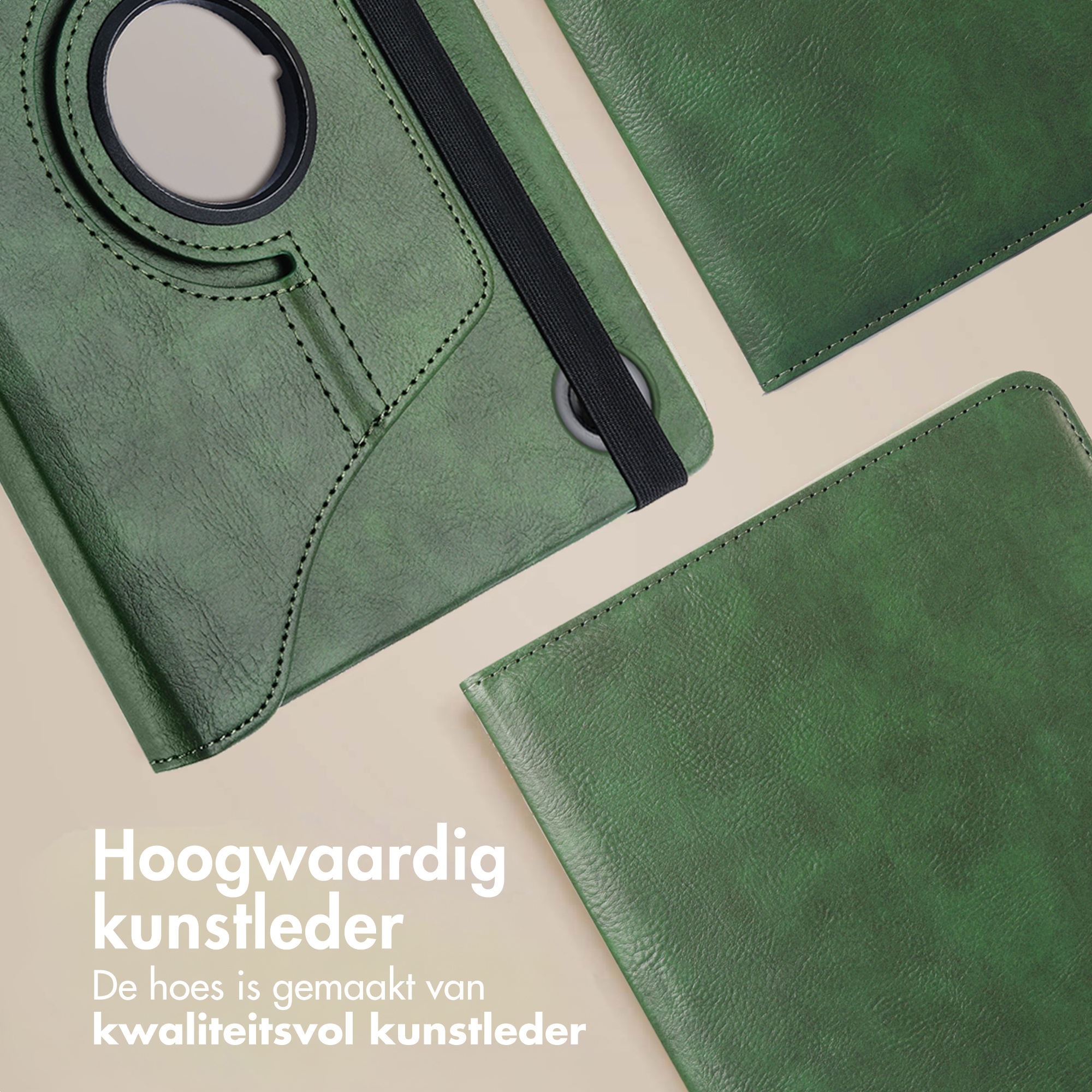 Green leather tablet case pieces. Some pieces are arranged on a beige background. The case has a black elastic band.