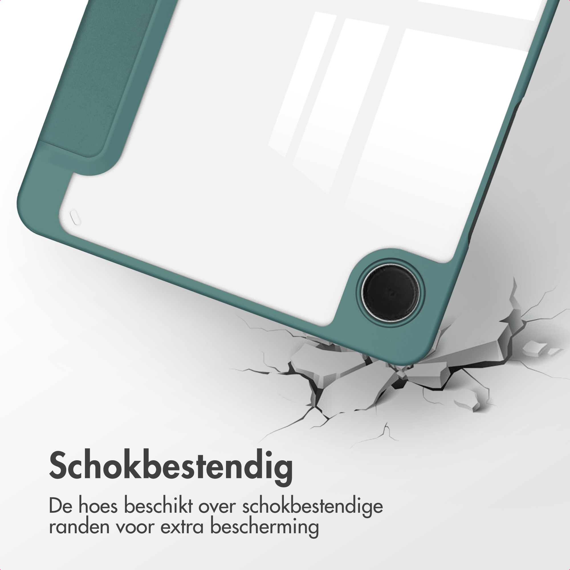 Een felgroene telefoonhoes lijkt te vallen, waardoor de grond barst. De hoes heeft een helder scherm en een zwarte cameralens.