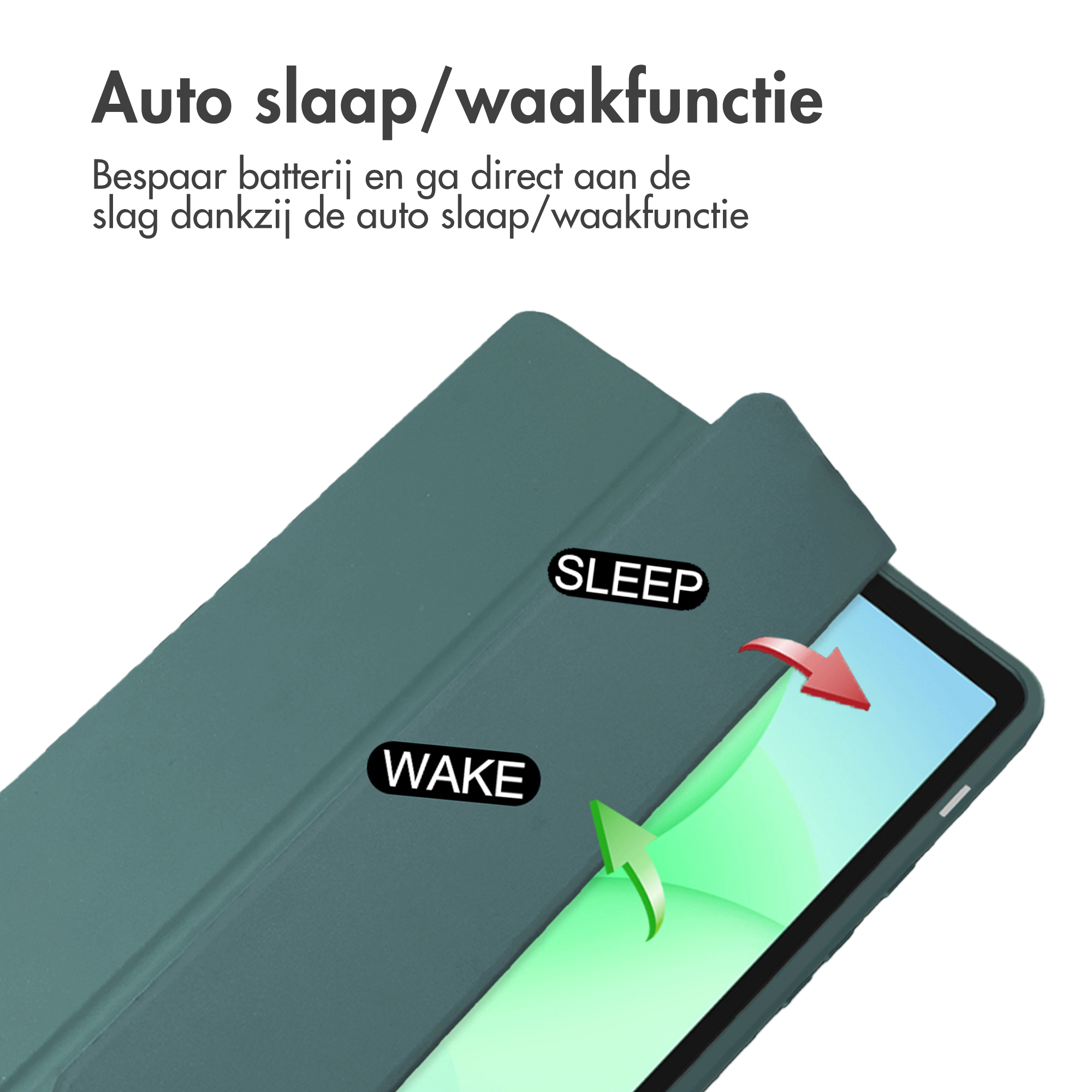 Een tablethoes, open om het scherm te onthullen. Tekst zegt 'Automatische slaap/waakfunctie'. Pijlen geven slaap- en waakacties aan.