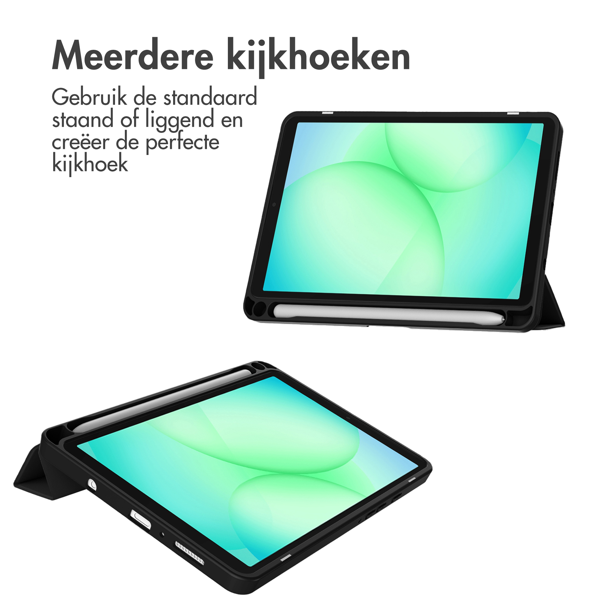 Twee tablets in zwarte hoesjes, één omhooggeklapt, beide met groene gradiëntschermen, witte stylus, op een witte achtergrond.