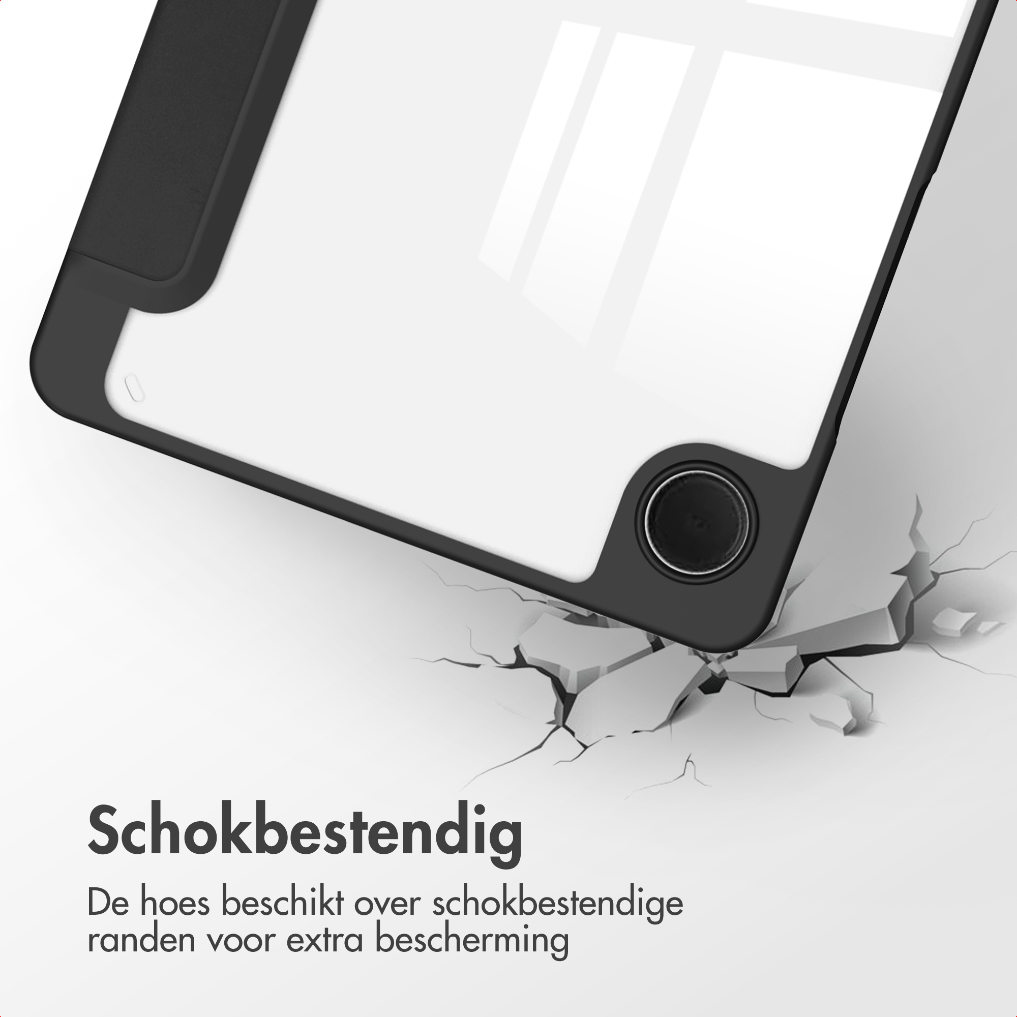 Een telefoonhoesje wordt getoond, met een zwart frame en een wit scherm. De hoes lijkt schokbestendig. Het oppervlak is gebarsten.