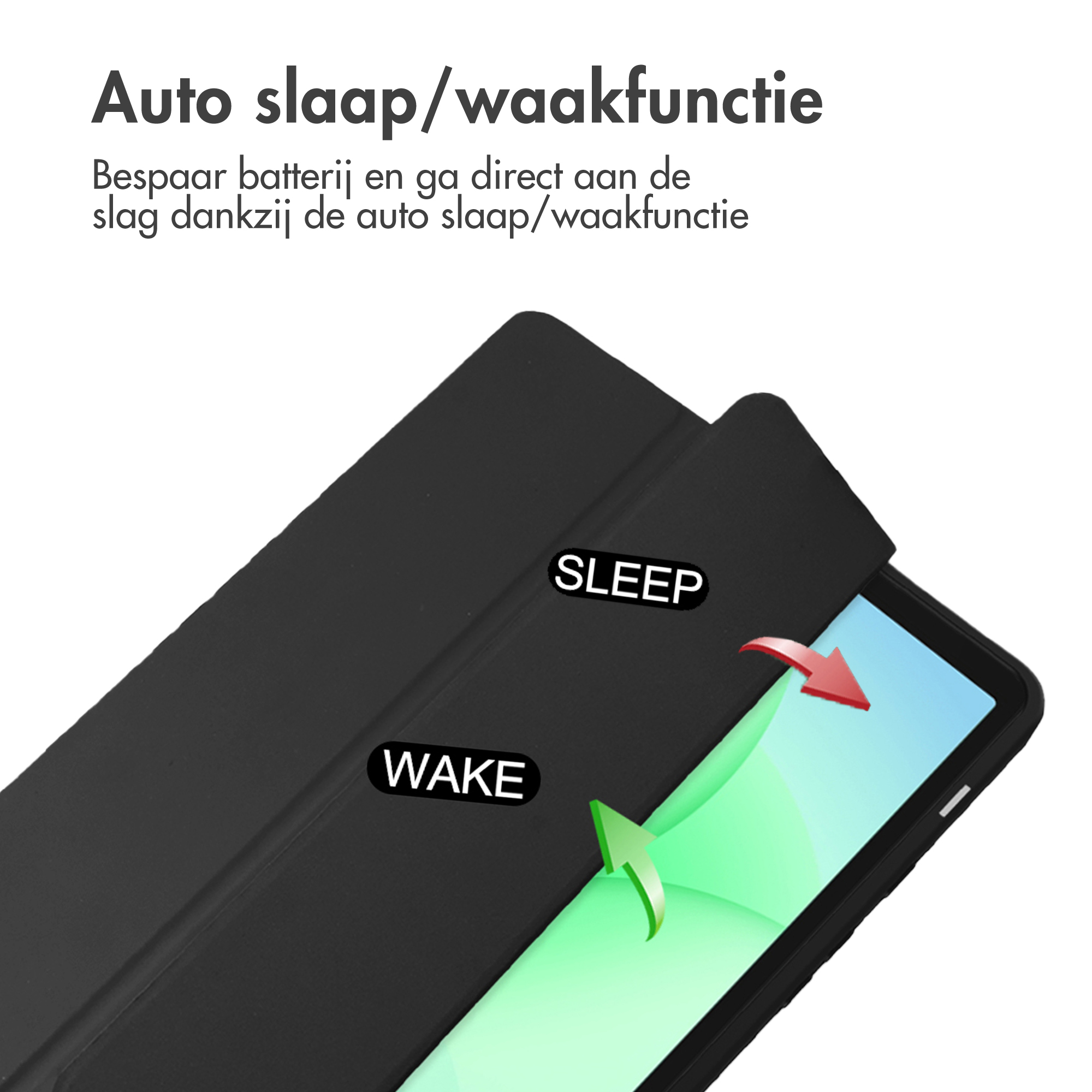 Een tablet in een zwarte hoes met slaap- en wekfuncties, aangegeven met pijlen. Tekst: Auto slaap/waakfunctie.