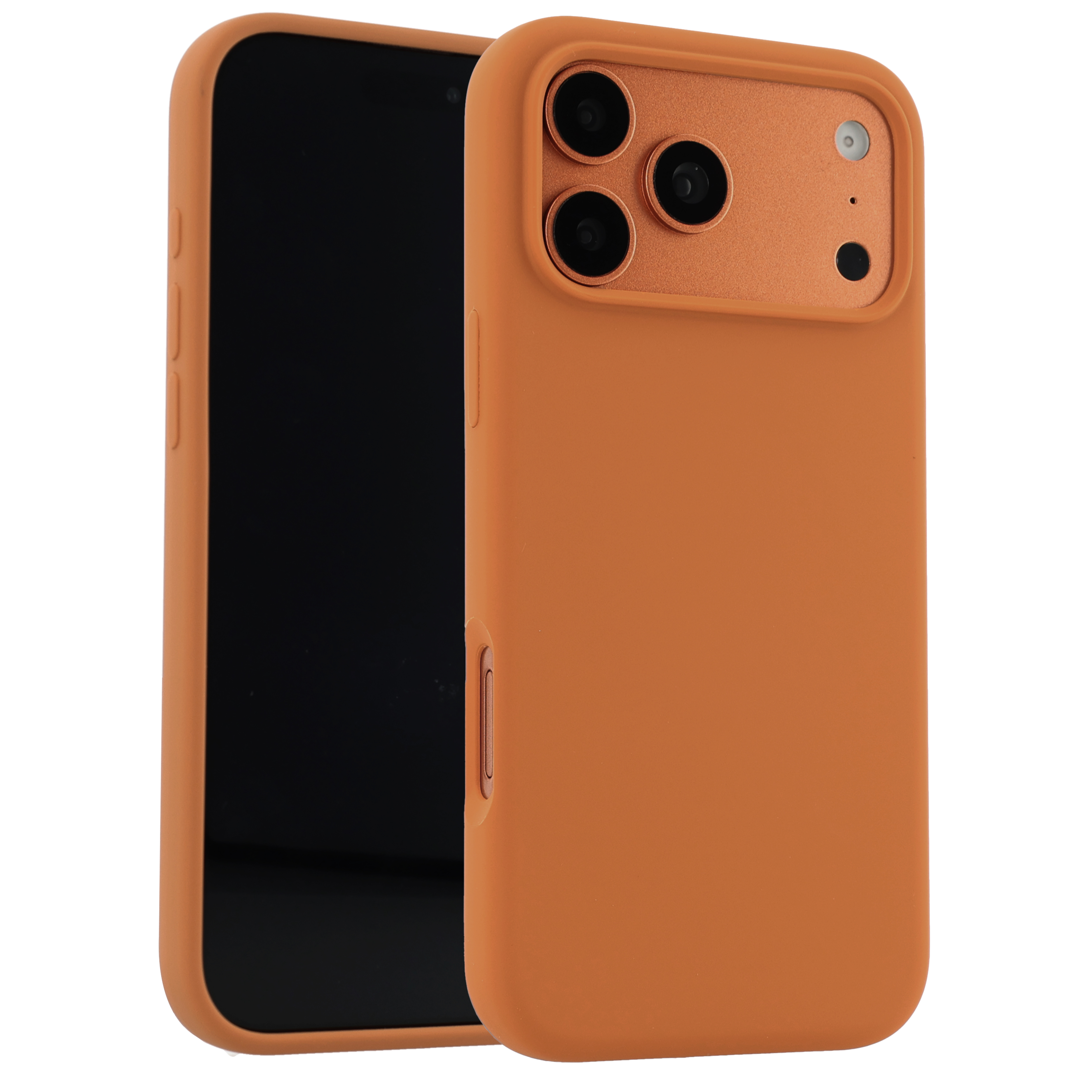 Een oranje telefoonhoesje op een zwarte telefoon. De hoes heeft drie cameragaten en een zijknop. Witte achtergrond.