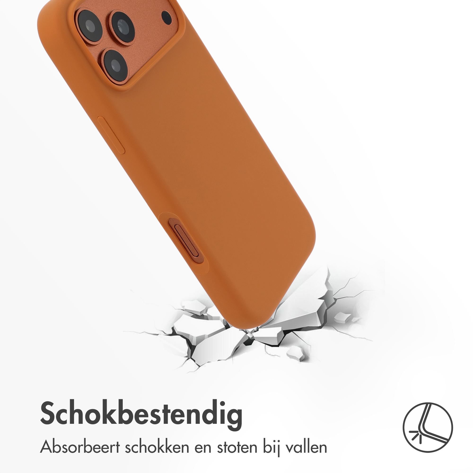 Een oranje telefoonhoes valt en barst een oppervlak. De hoes heeft camera-uitsparingen en een knop. Tekst: Schokbestendig.