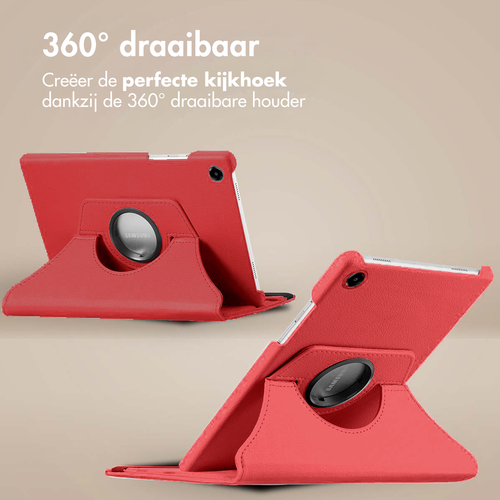 Red tablet case with 360-degree rotation. The case holds a Samsung tablet. Beige background with Dutch text.
