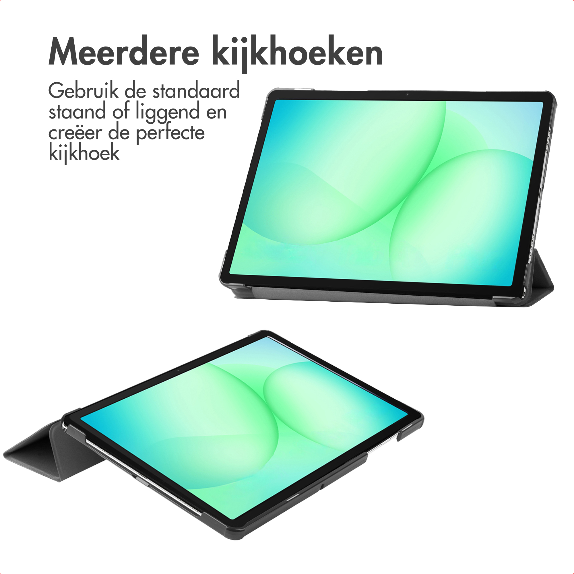 Deux tablettes sur surface blanche. Celle du dessus est inclinée. Les deux ont un fond vert et blanc.