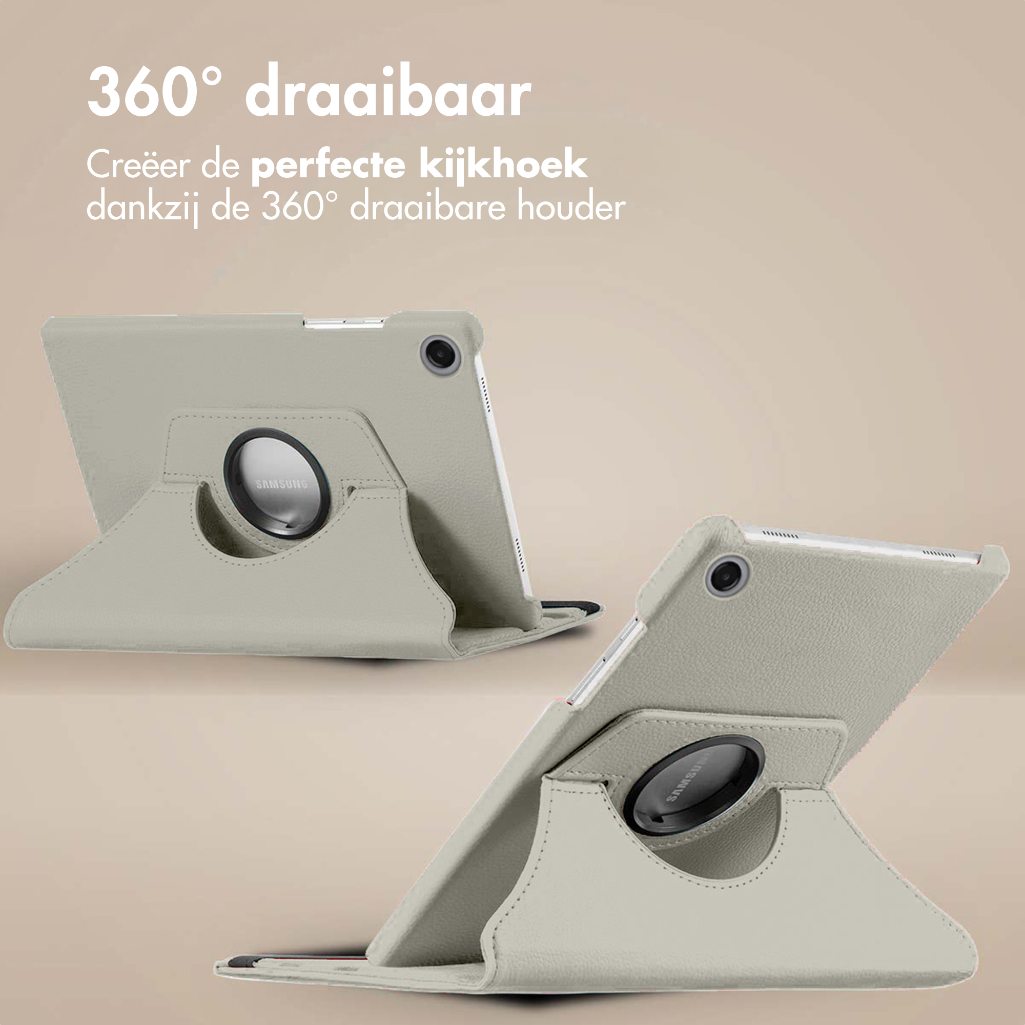 Image shows a tablet case with 360-degree rotation. The case is light gray, with the Samsung logo visible.