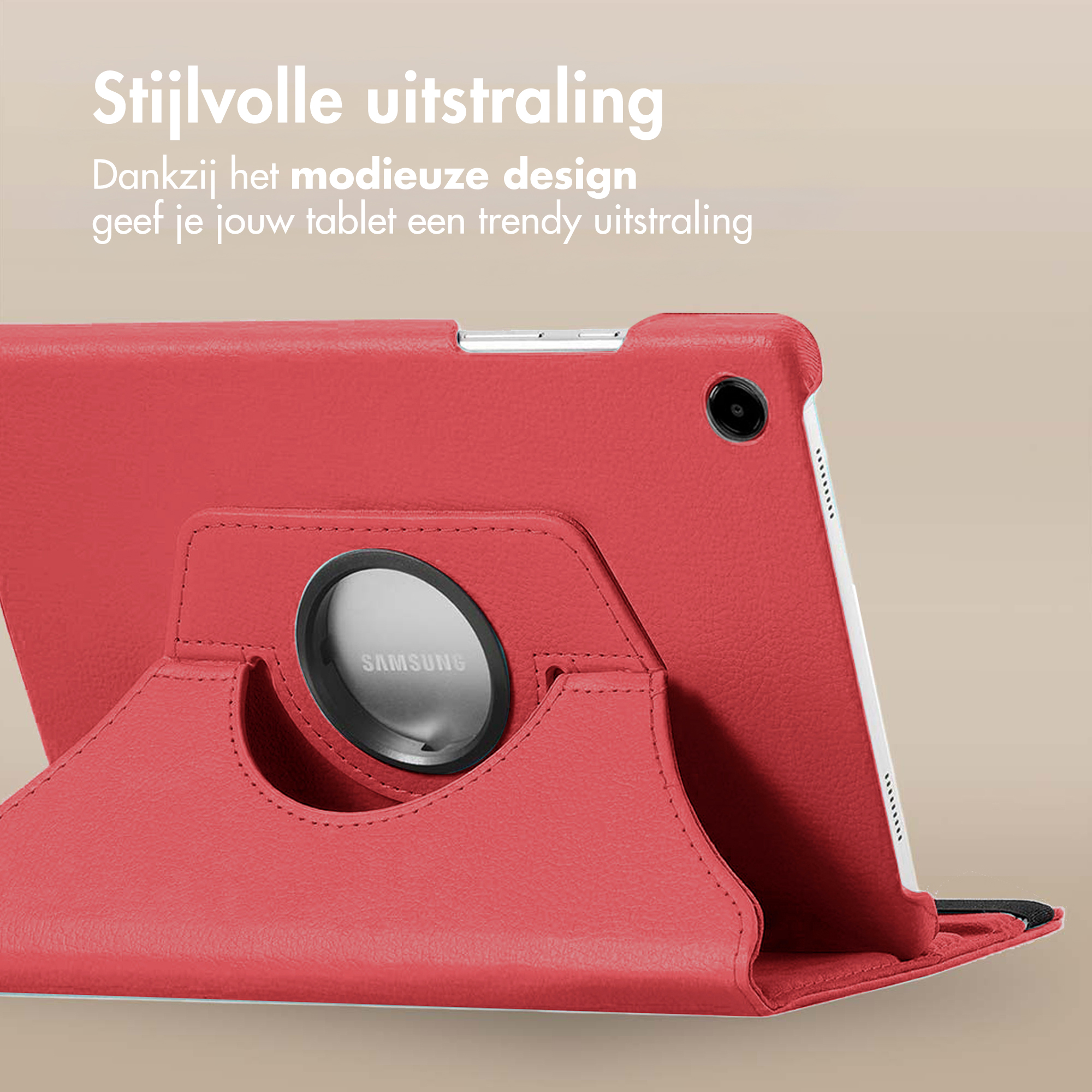 Red tablet case with Samsung logo. The tablet is in a stand. Text on top: Stylish look.