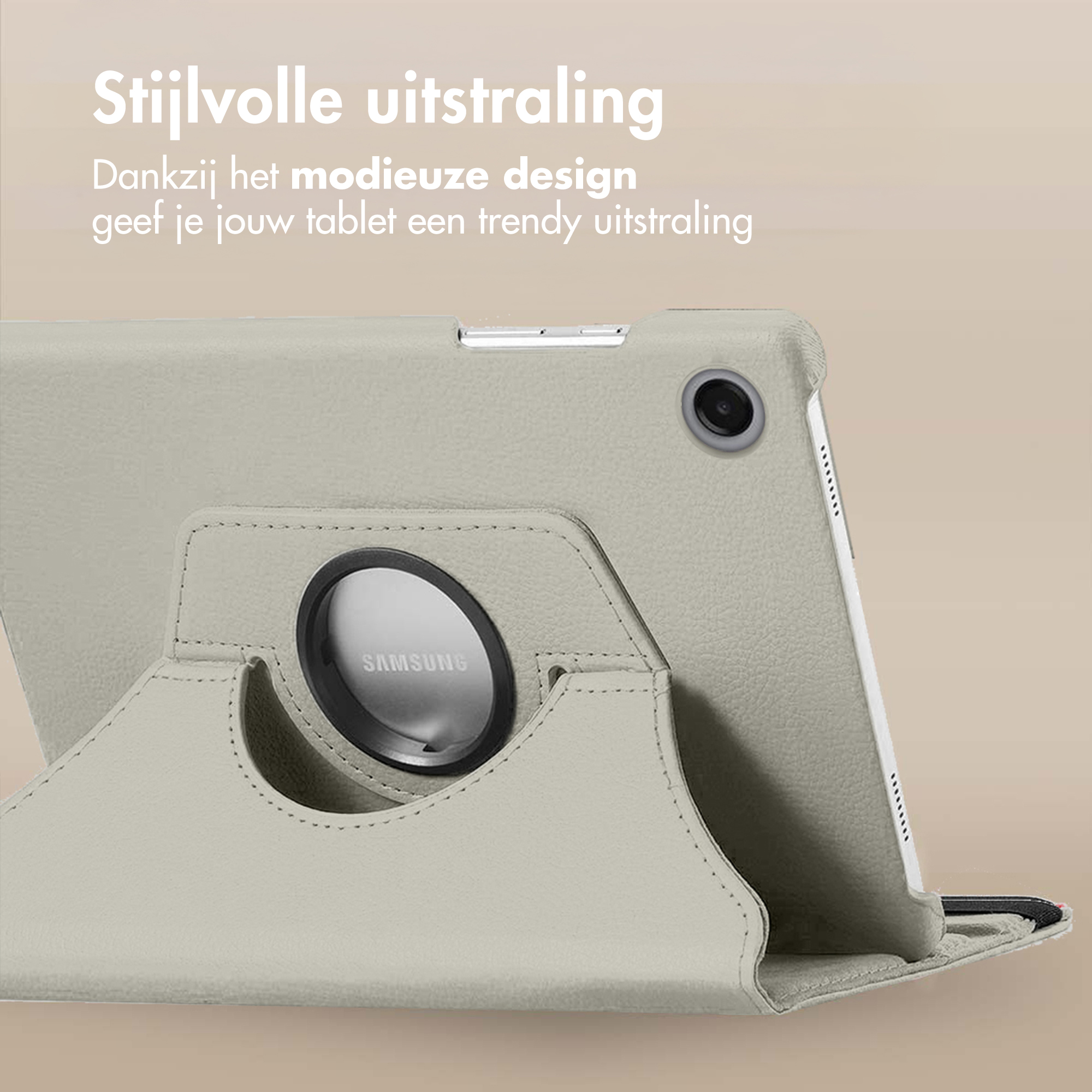 A tablet in a gray case with a rotating stand. The Samsung logo is visible on the stand.