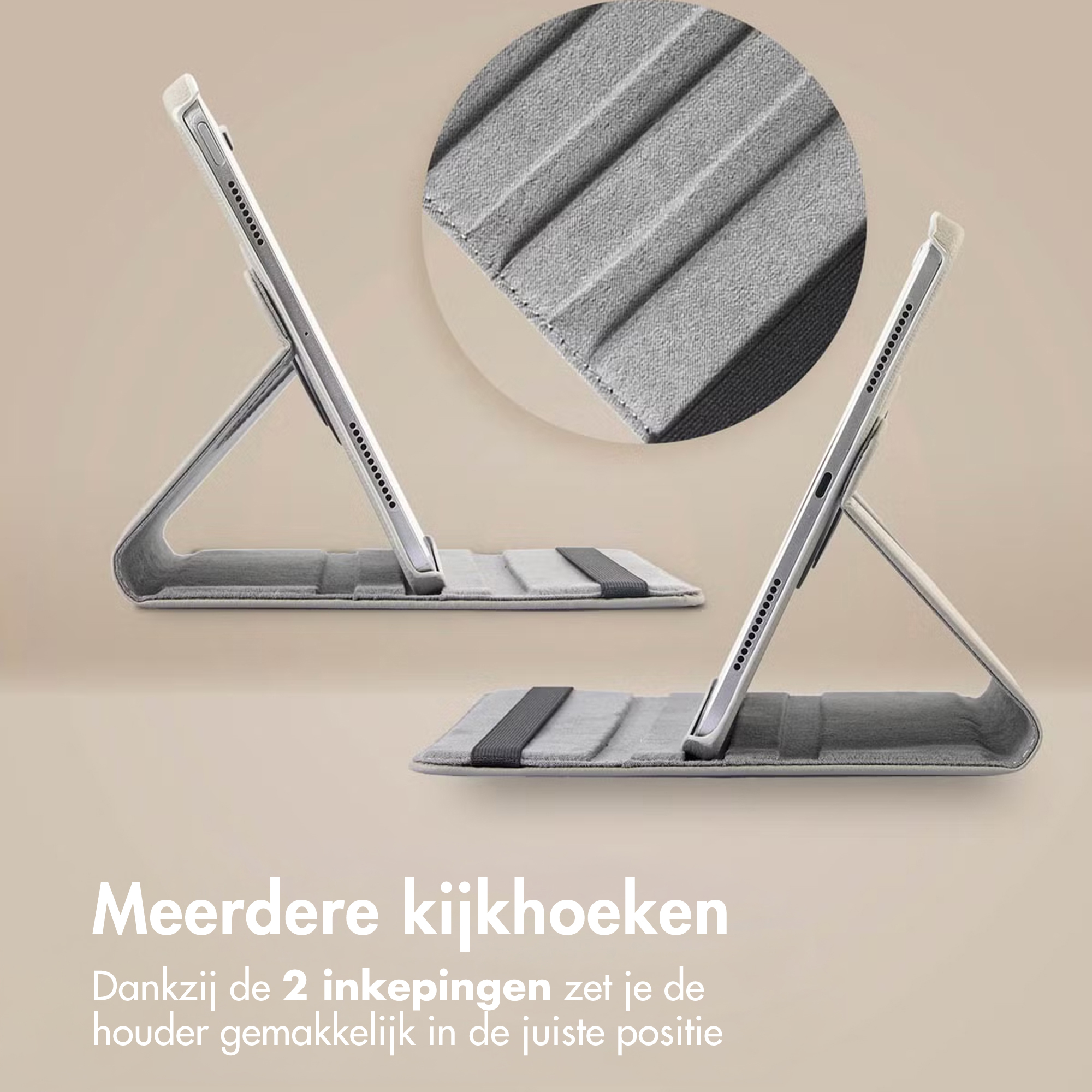 Two tablets in stands. Gray tablet covers in multiple viewing angles. A close up of the cover material is in the background.