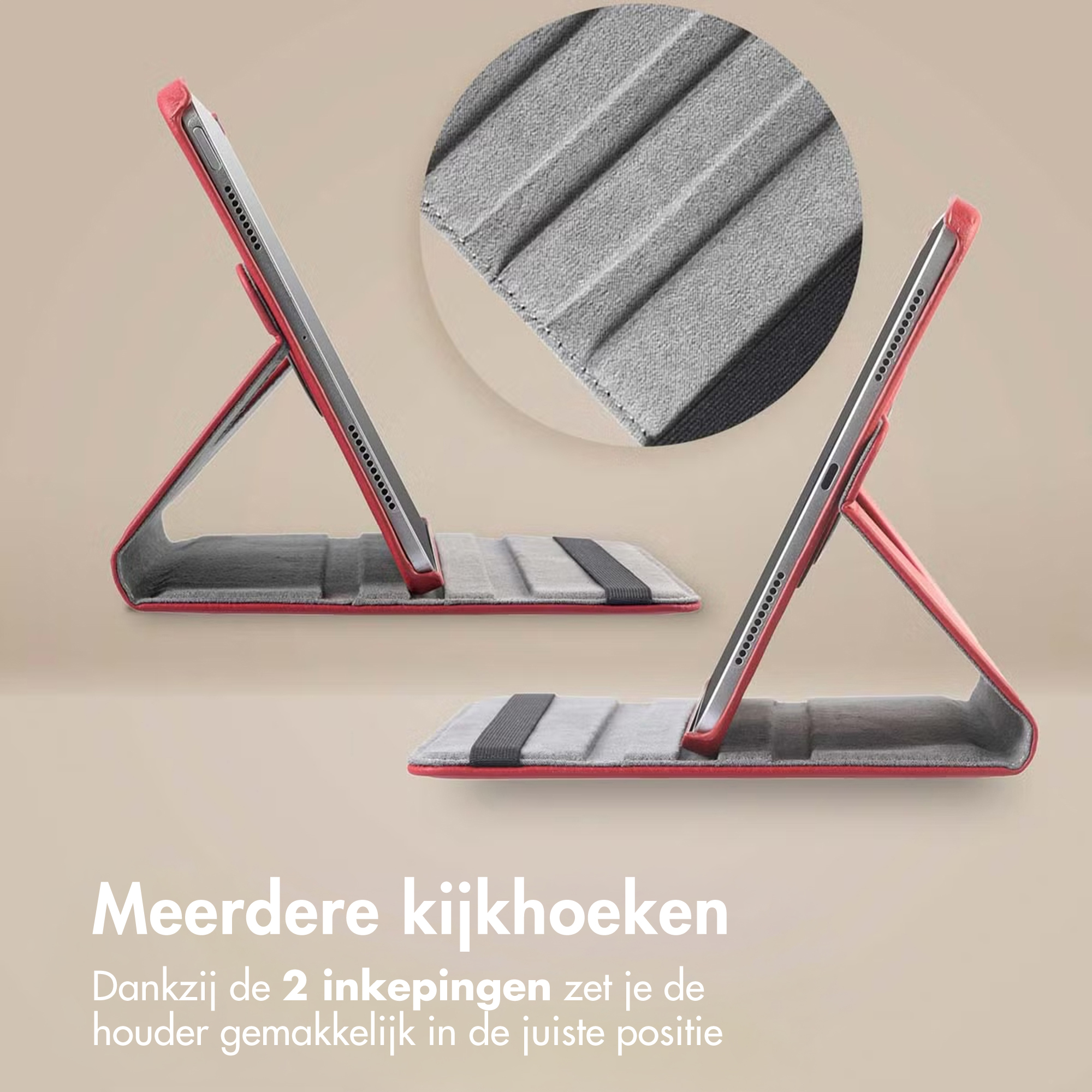 Two red tablet cases with grey interiors are displayed. One case is open, showing the tablet. The background is cream.