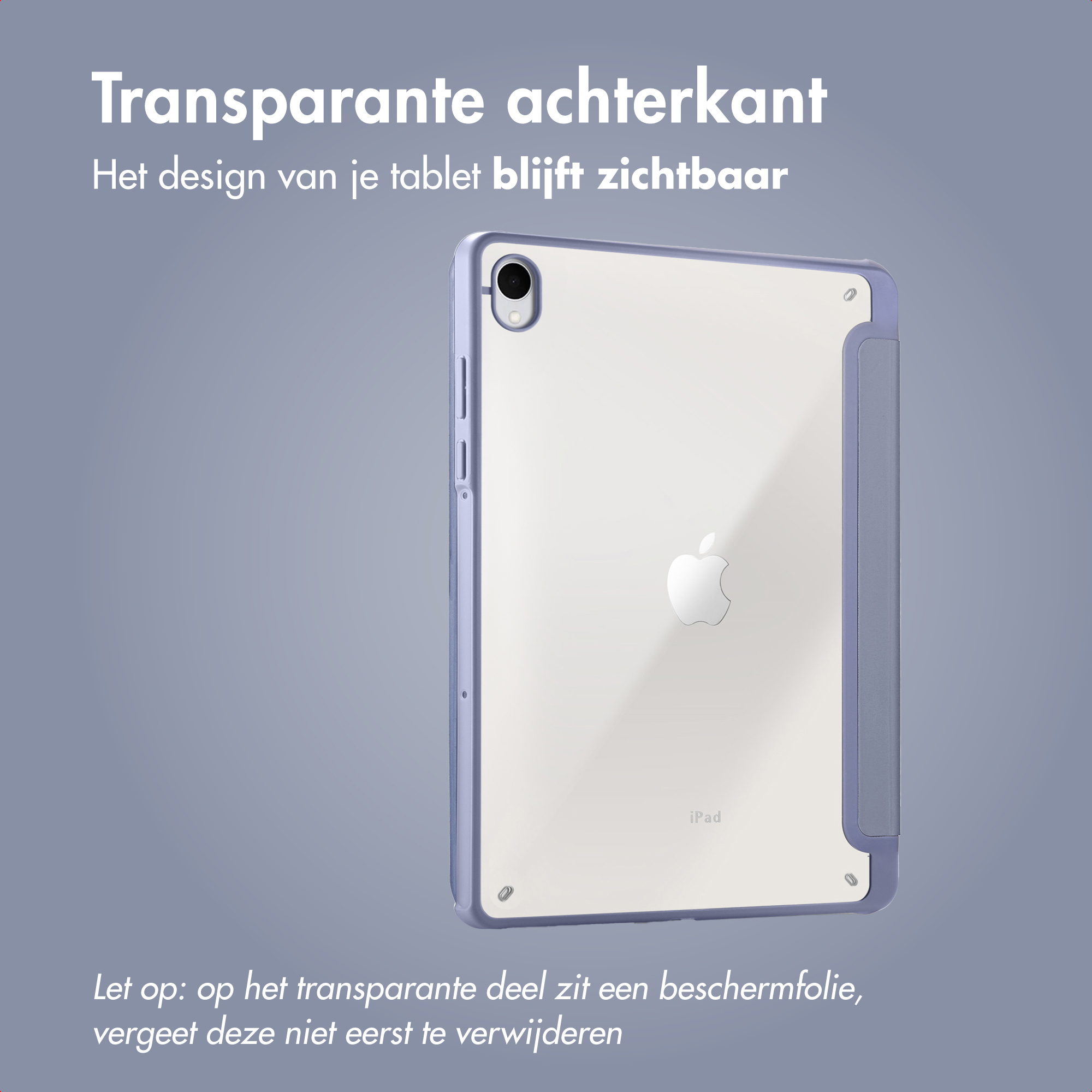 An iPad in a clear case. The case has a blue-gray frame. The background is a gradient of blue-gray.