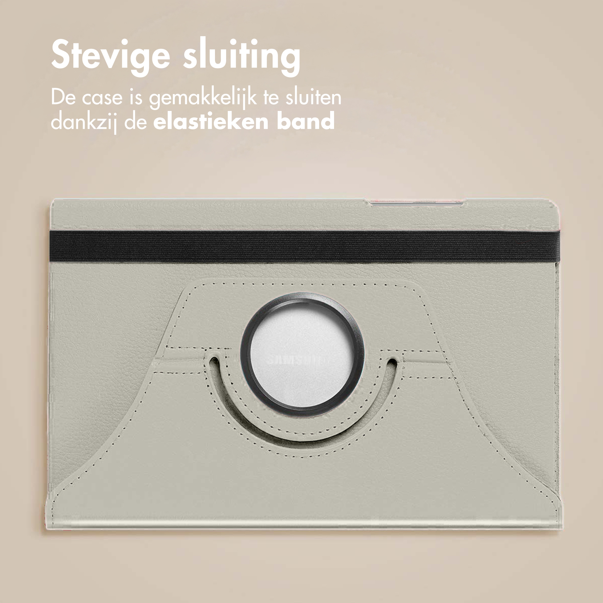 Tablet case in light gray with black band. Text: 'Sturdy closure' and other text.
