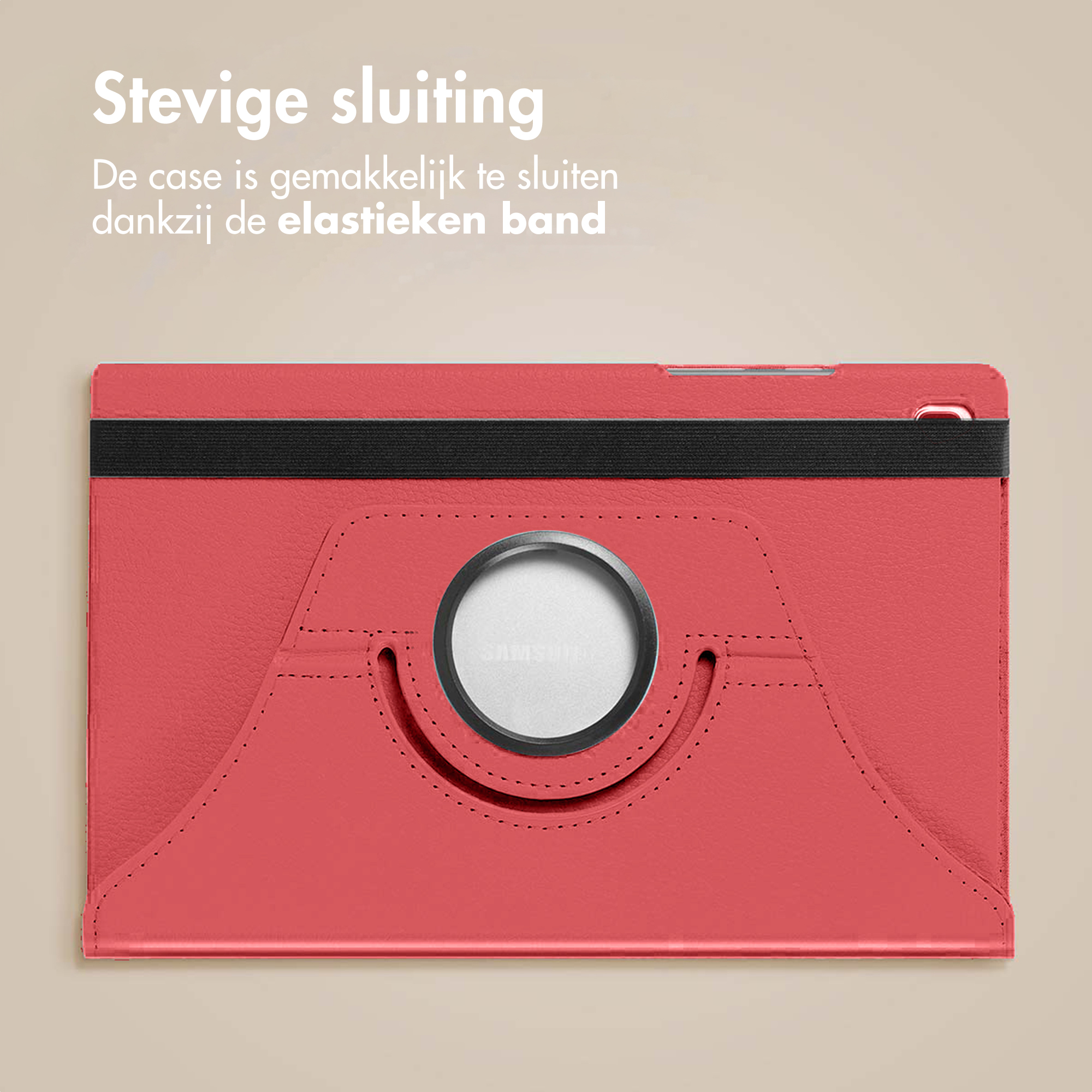 Red tablet case with black strap. Silver Samsung logo. Beige background. Text in Dutch.