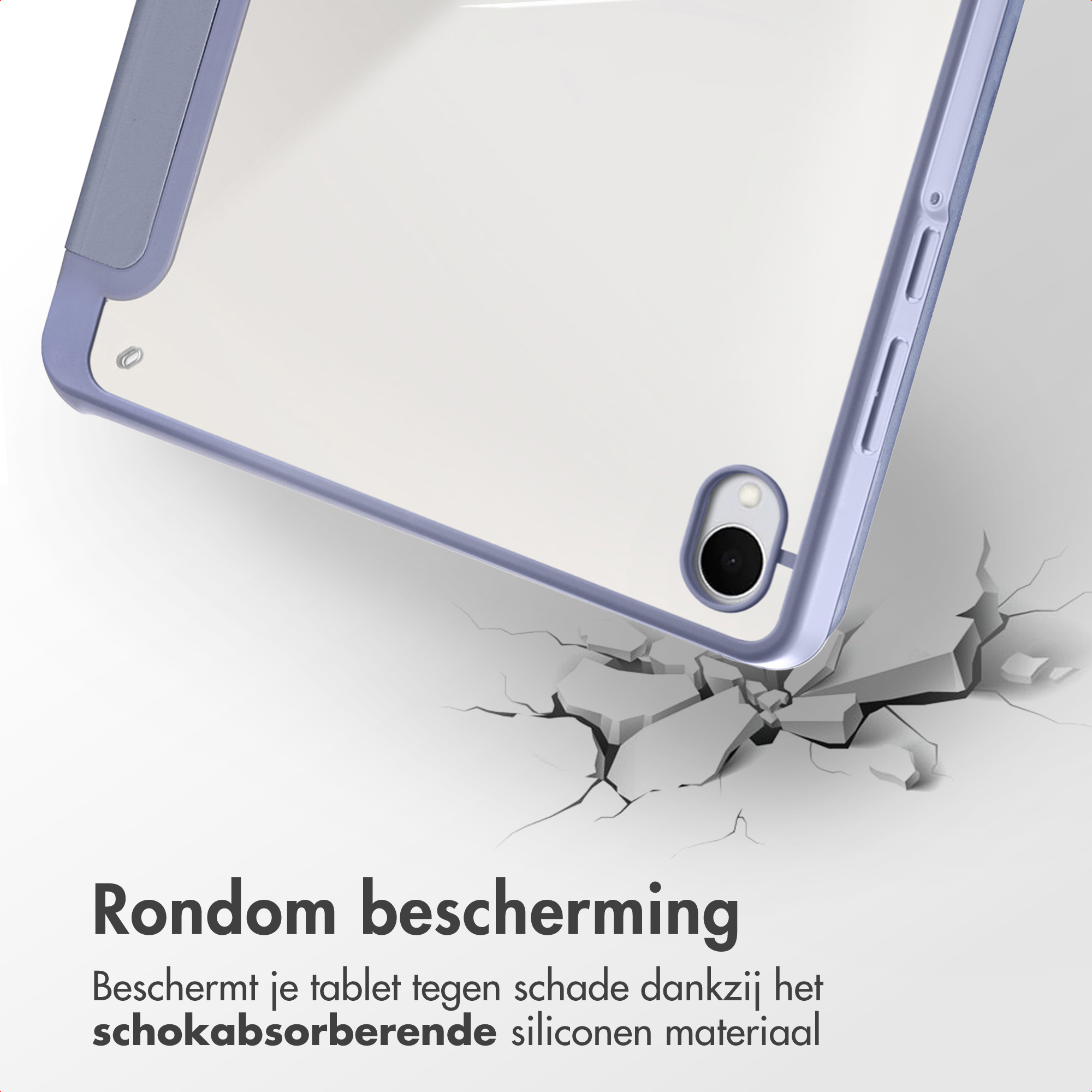 A tablet case with a blue frame is shown. The image depicts a cracked surface to emphasize protection.